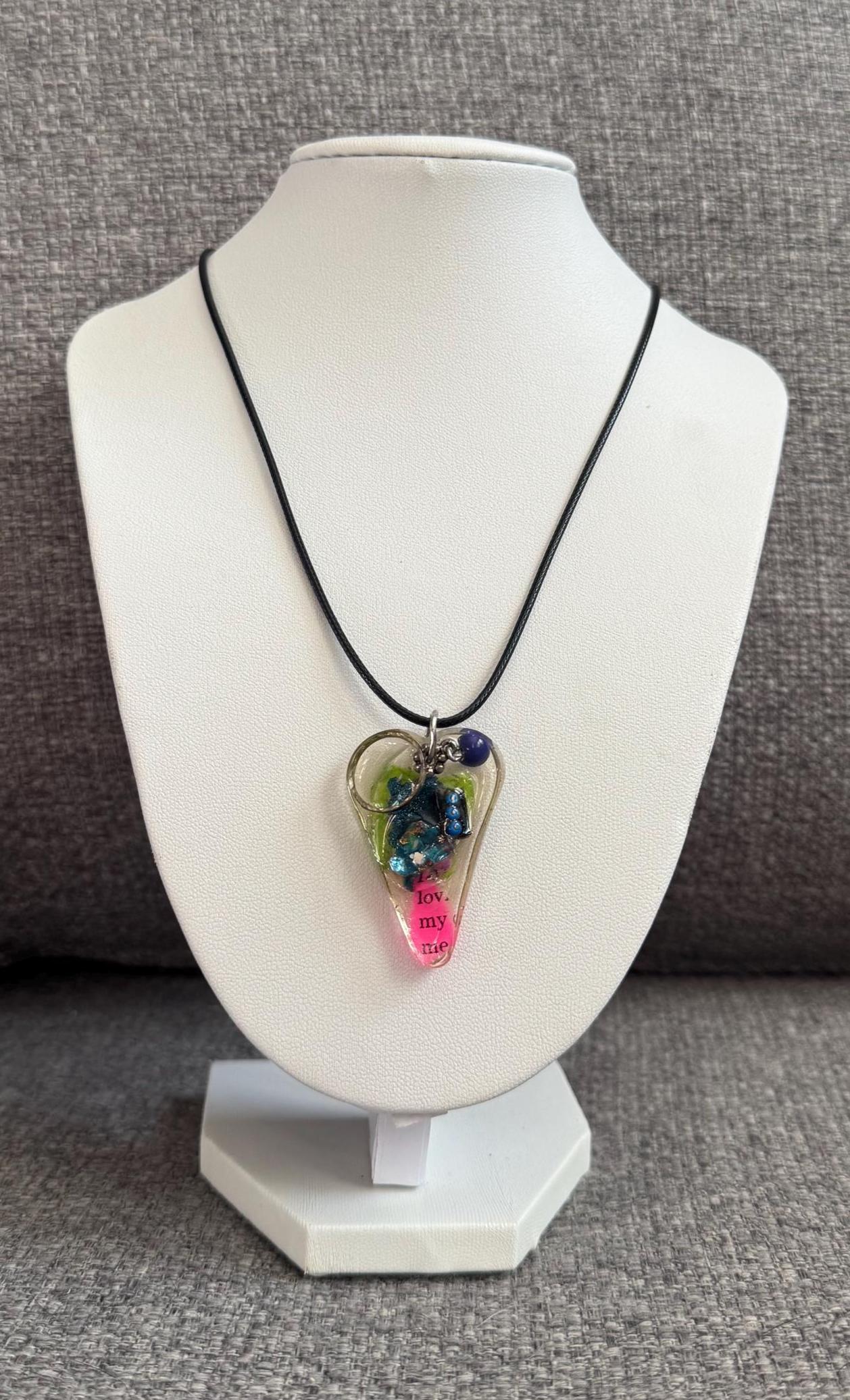 Handmade Resin Heart Pendant Necklace – Black Cord – Mixed Media Statement Jewelry
