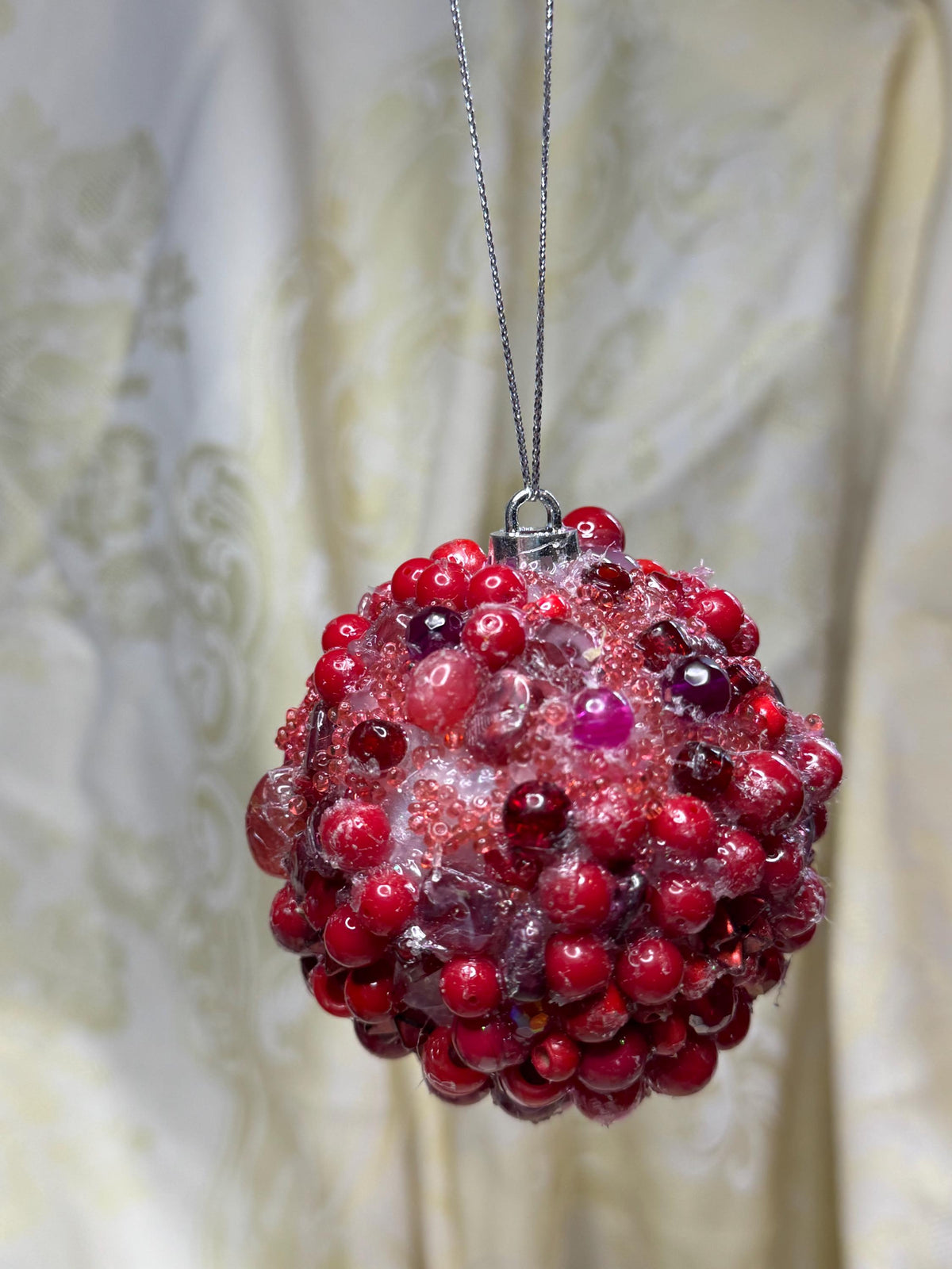 Red Beaded Ornament – Handmade Maximalist Holiday Decor – Glitter Resin Bauble – Unique Christmas Ornament