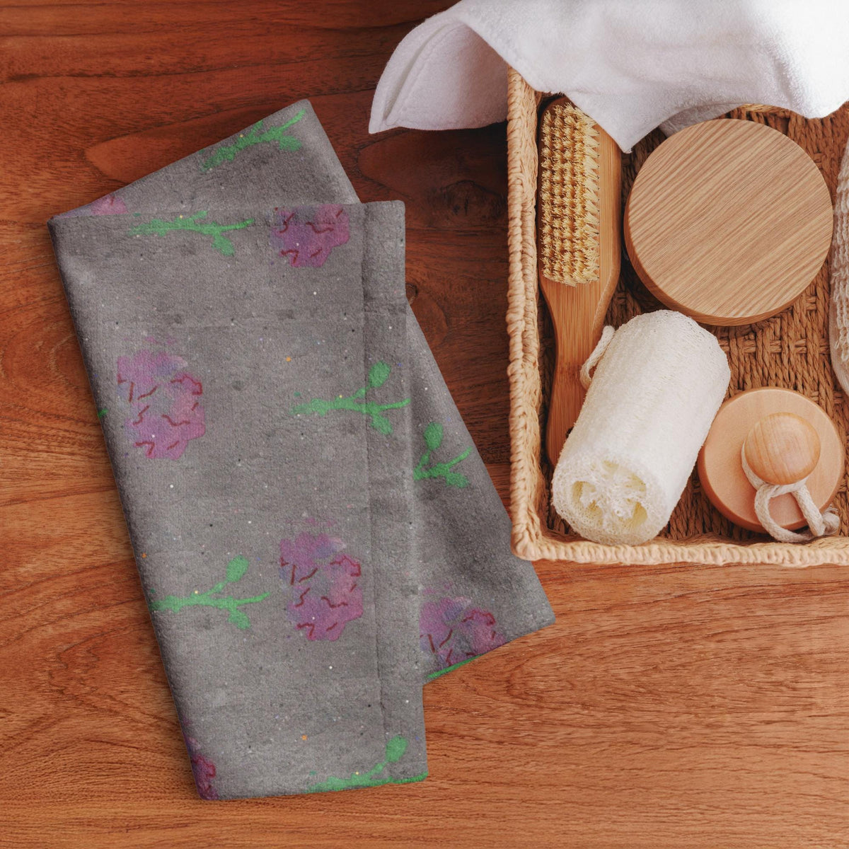 Floral Hand Towel | Grey and Pink Rose Botanical Art Kitchen Towel | 16x28 Cotton Blend