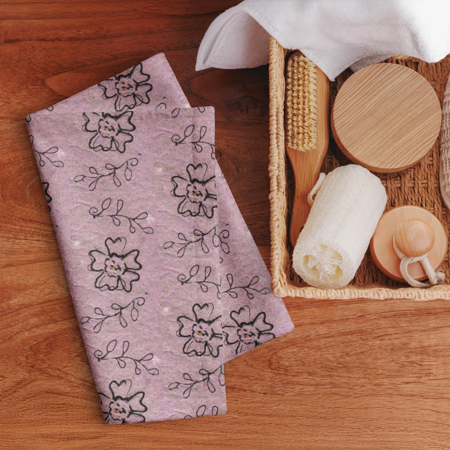 Floral Hand Towel | Grey and Pink Rose Botanical Art Kitchen Towel | 16x28 Cotton Blend
