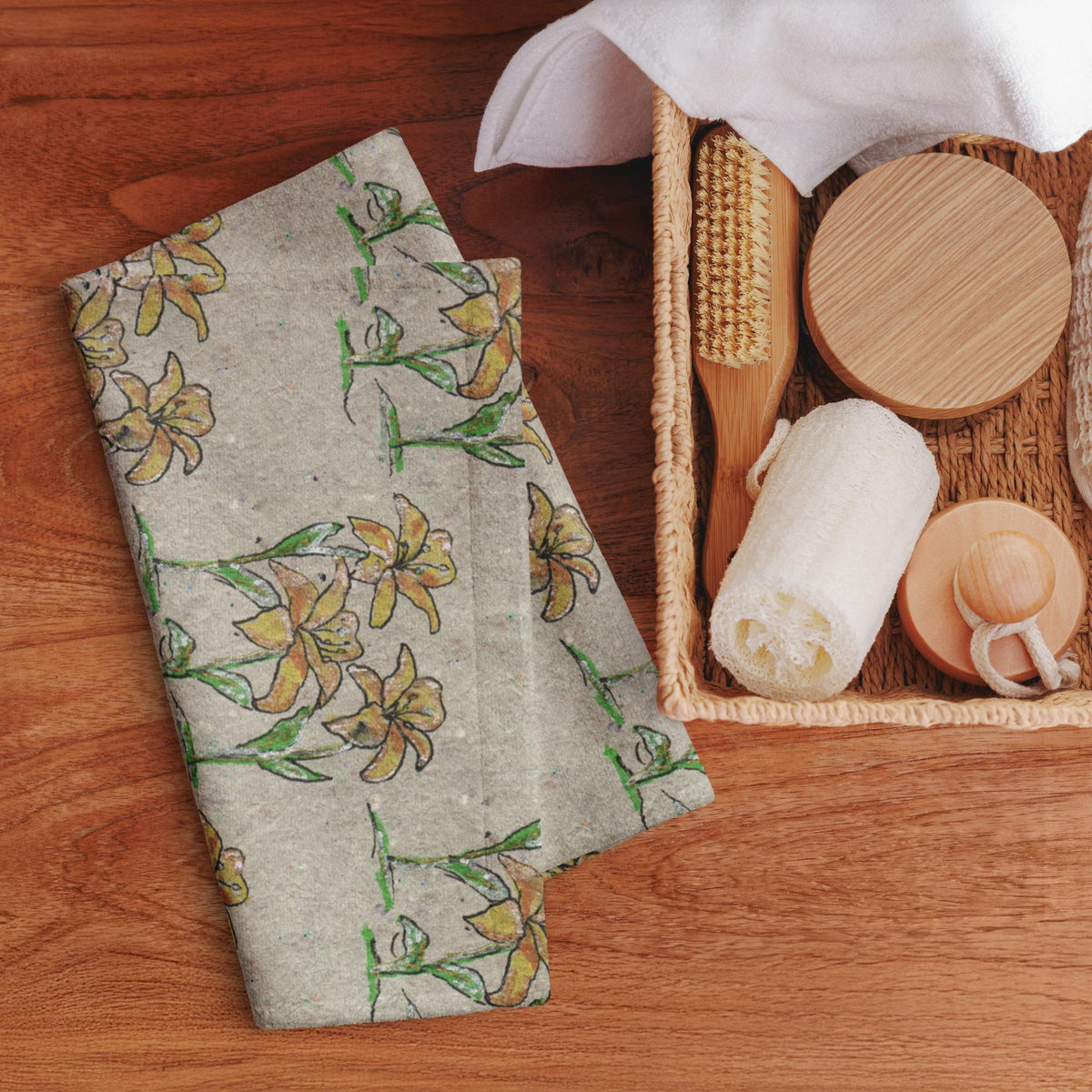 Yellow Lily Floral Kitchen Towel – Botanical Paper Texture Tea Towel