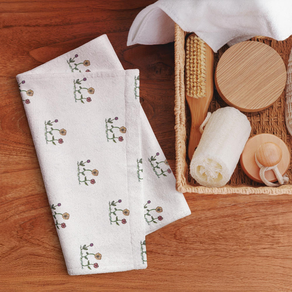 Minimal Floral Kitchen Towel – Wildflower Botanical Print, Paper Texture Tea Towel