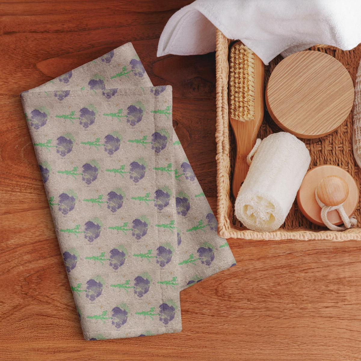 Purple Floral Kitchen Towel – Minimal Botanical Pattern, Handmade Paper Texture Print