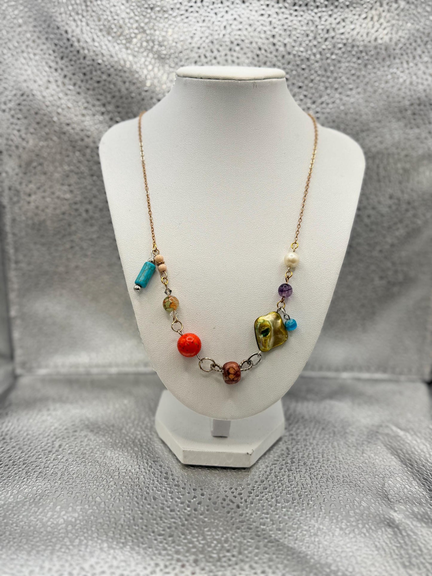 Asymmetrical Beaded Necklace – Mixed Stone & Pearl Accent – Minimal Eclectic Jewelry
