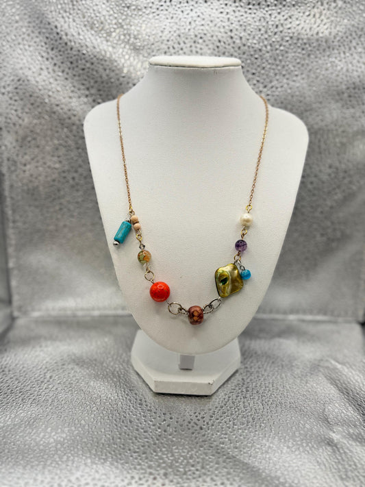 Asymmetrical Beaded Necklace – Mixed Stone & Pearl Accent – Minimal Eclectic Jewelry