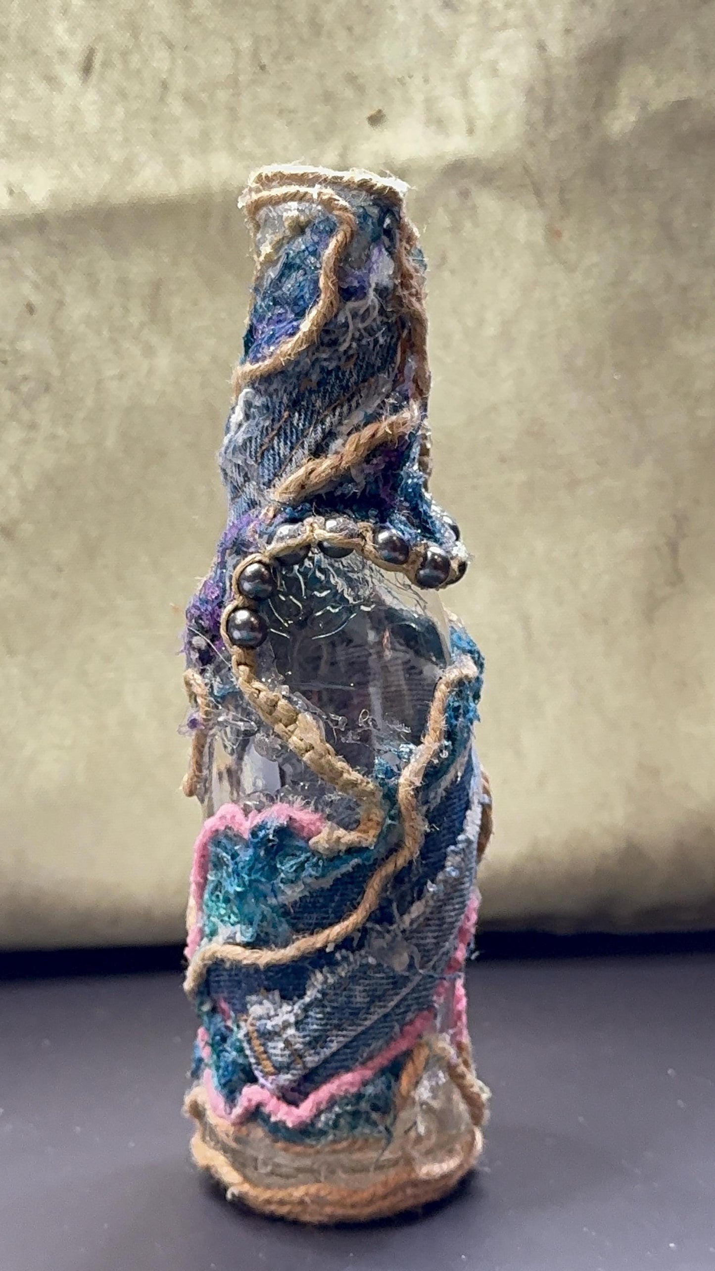 Upcycled Denim Textile Vase – Mixed Media Assemblage Bud Vase