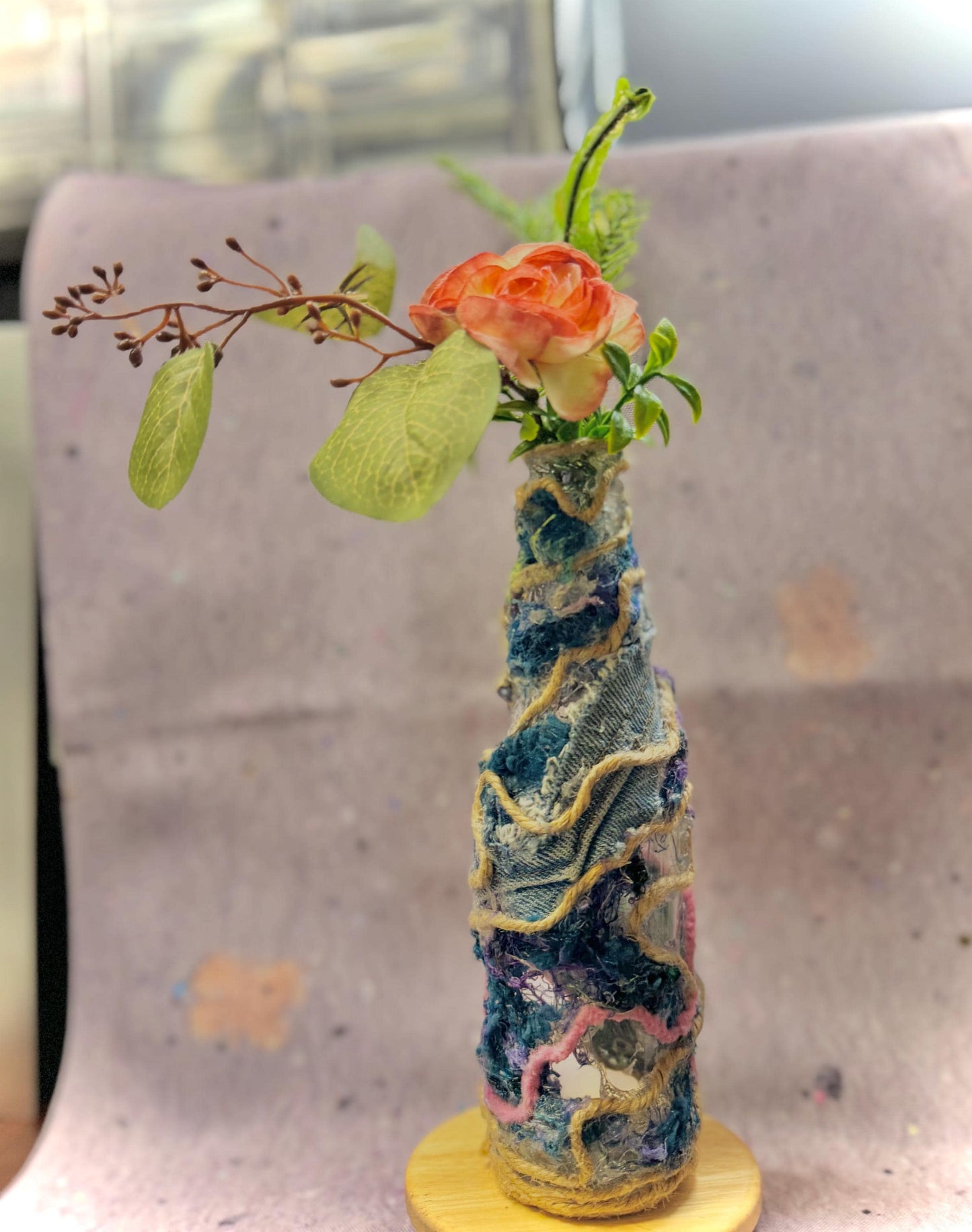 Upcycled Denim Textile Vase – Mixed Media Assemblage Bud Vase