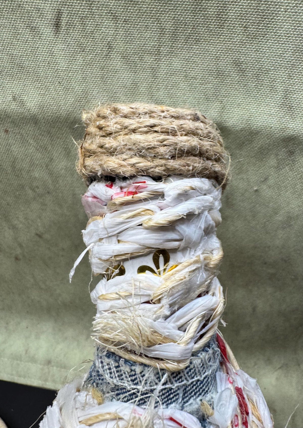 Upcycled Woven Textile Bottle Vase – Rustic Fiber Art Bud Vase – Mixed Media Decor