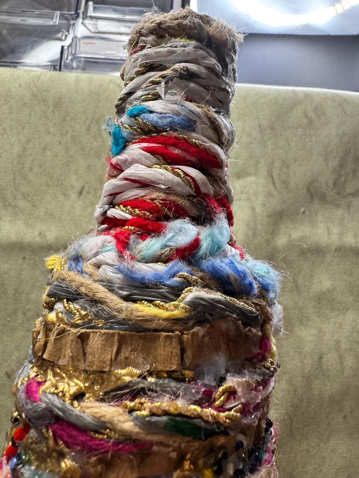 Upcycled Bottle Vase – Mixed Media Textile Assemblage Sculpture – Statement Home Decor