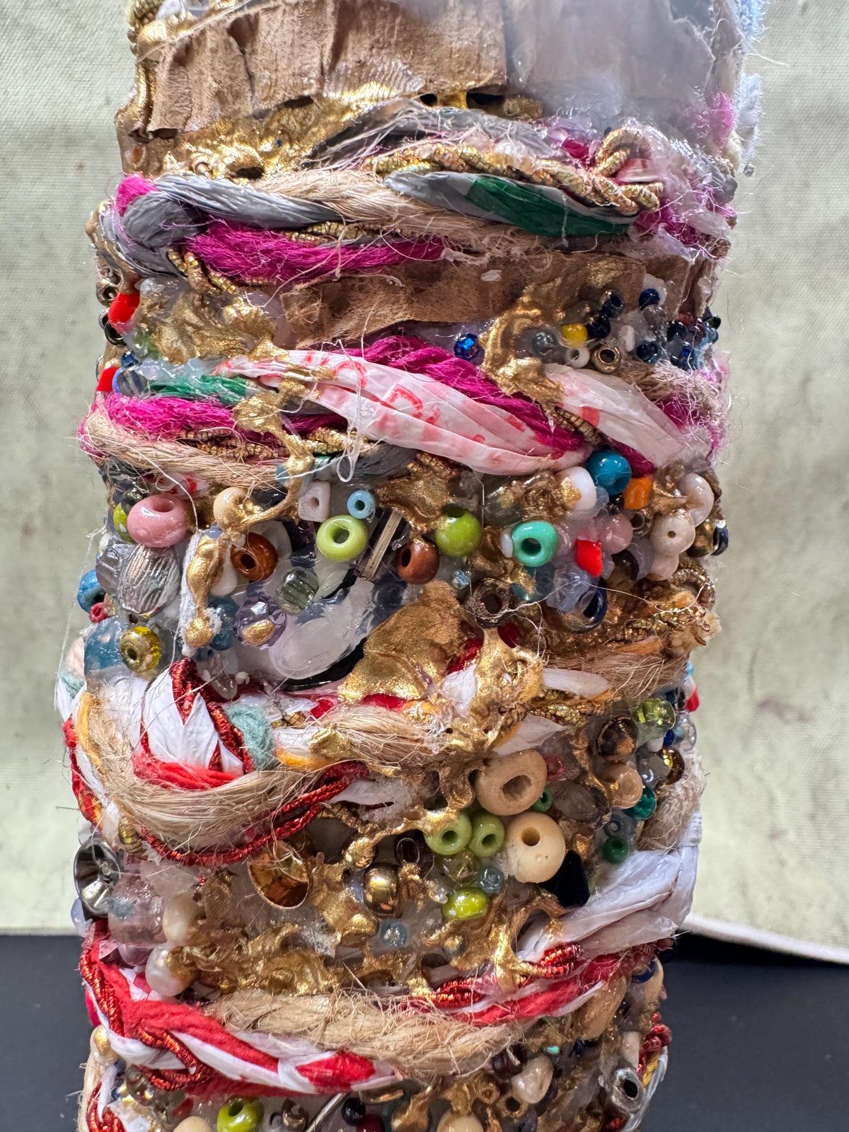 Upcycled Bottle Vase – Mixed Media Textile Assemblage Sculpture – Statement Home Decor