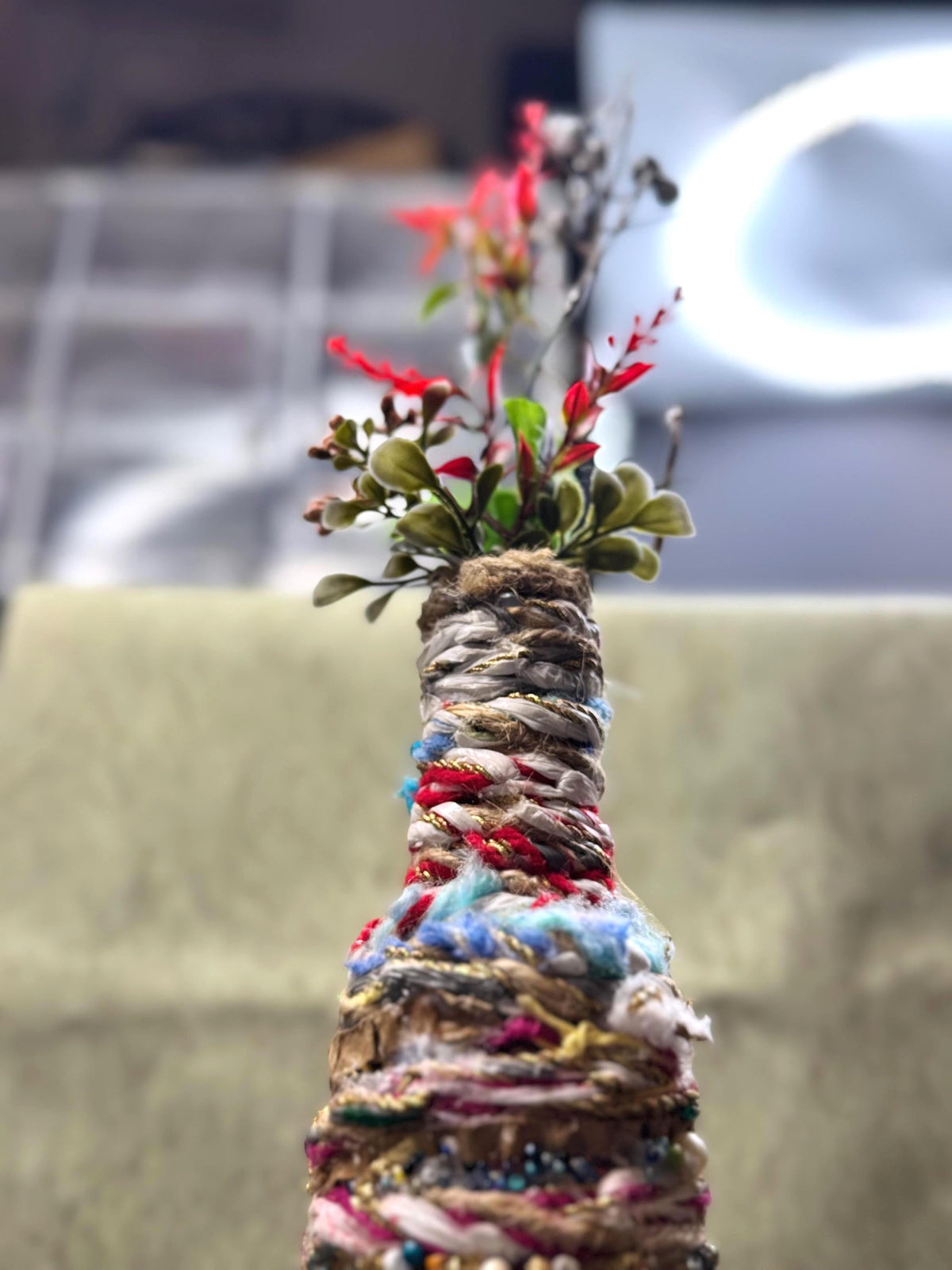 Upcycled Bottle Vase – Mixed Media Textile Assemblage Sculpture – Statement Home Decor