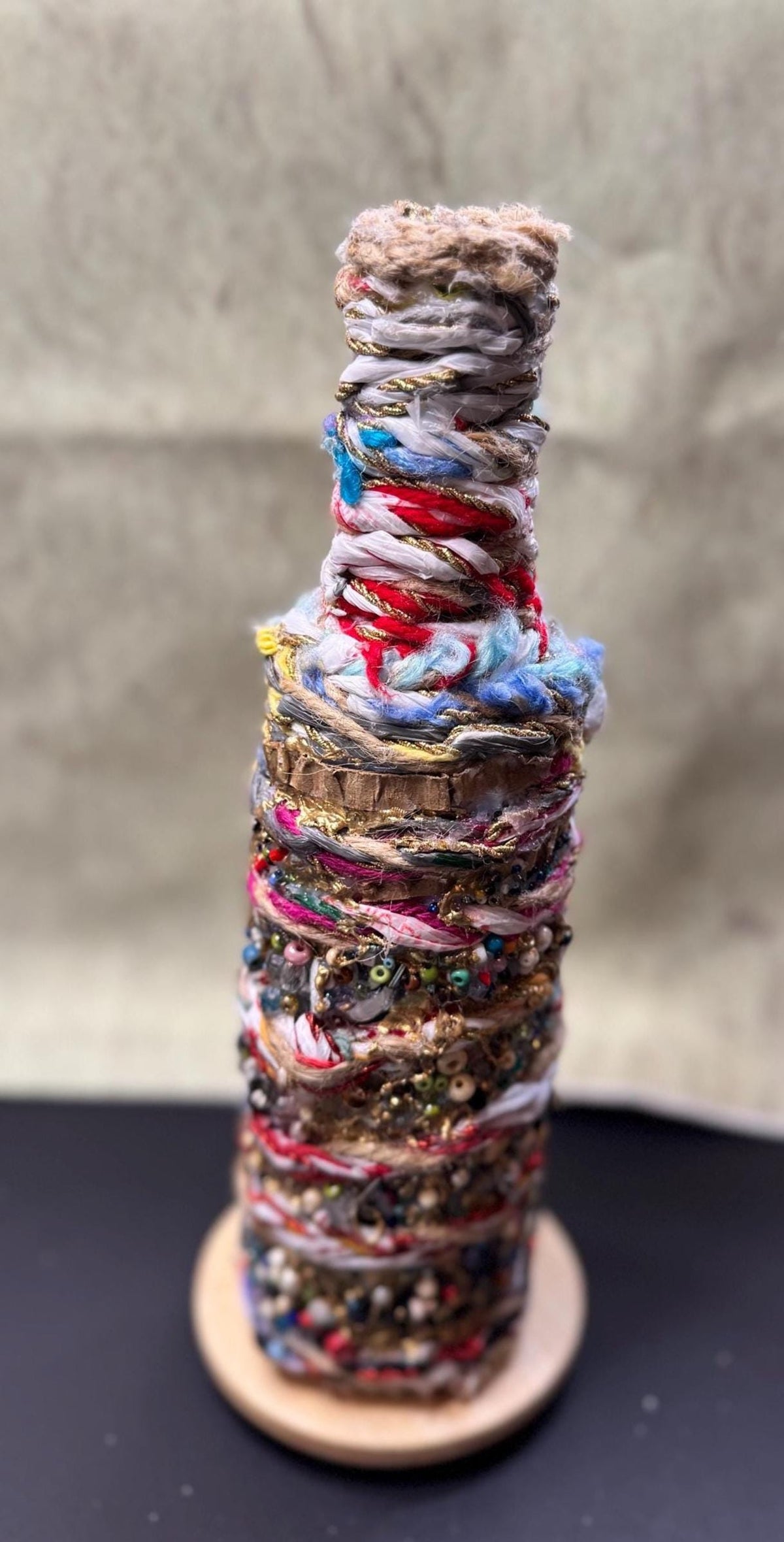 Upcycled Bottle Vase – Mixed Media Textile Assemblage Sculpture – Statement Home Decor