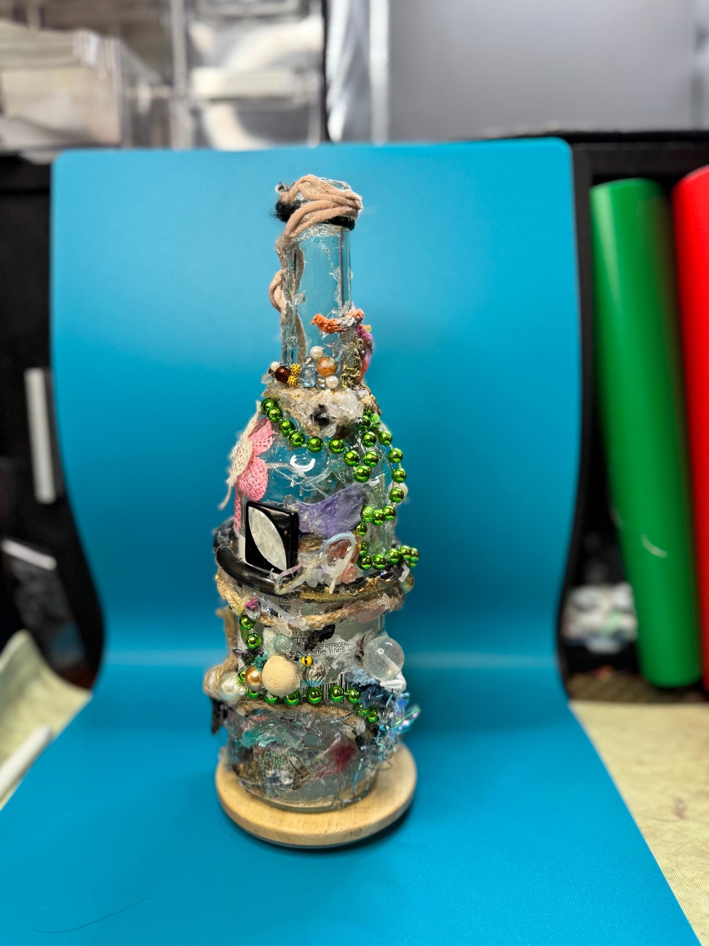 Upcycled Bottle Vase – Mixed Media Textile Assemblage Sculpture – Statement Home Decor