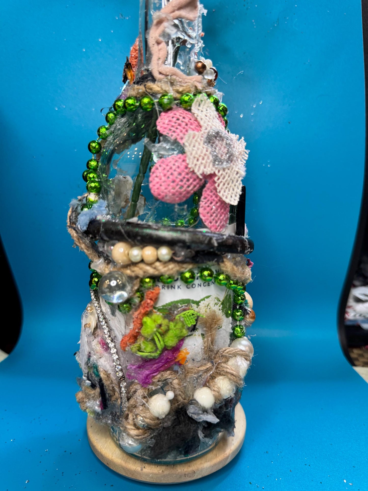 Upcycled Bottle Vase – Mixed Media Textile Assemblage Sculpture – Statement Home Decor