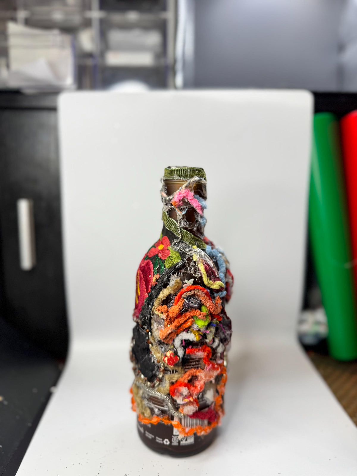 Upcycled Bottle Vase – Mixed Media Textile Assemblage Sculpture – Statement Home Decor