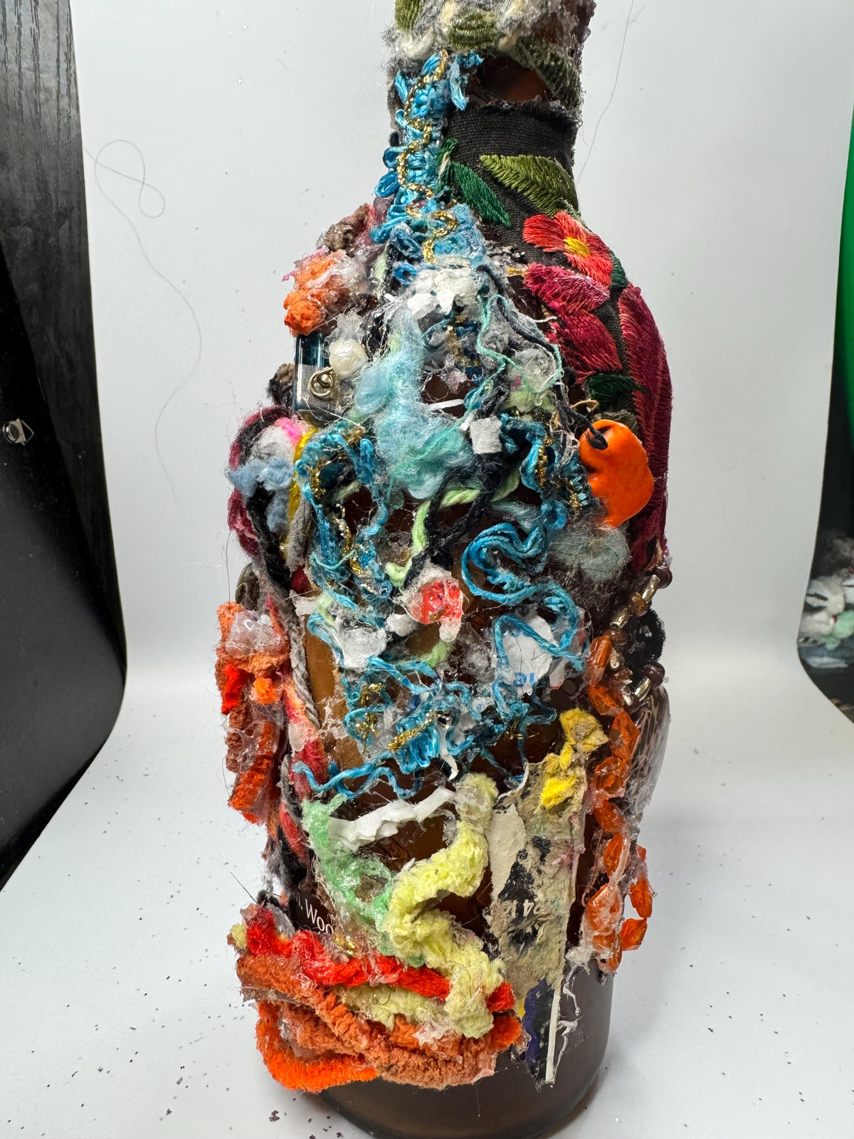 Upcycled Bottle Vase – Mixed Media Textile Assemblage Sculpture – Statement Home Decor