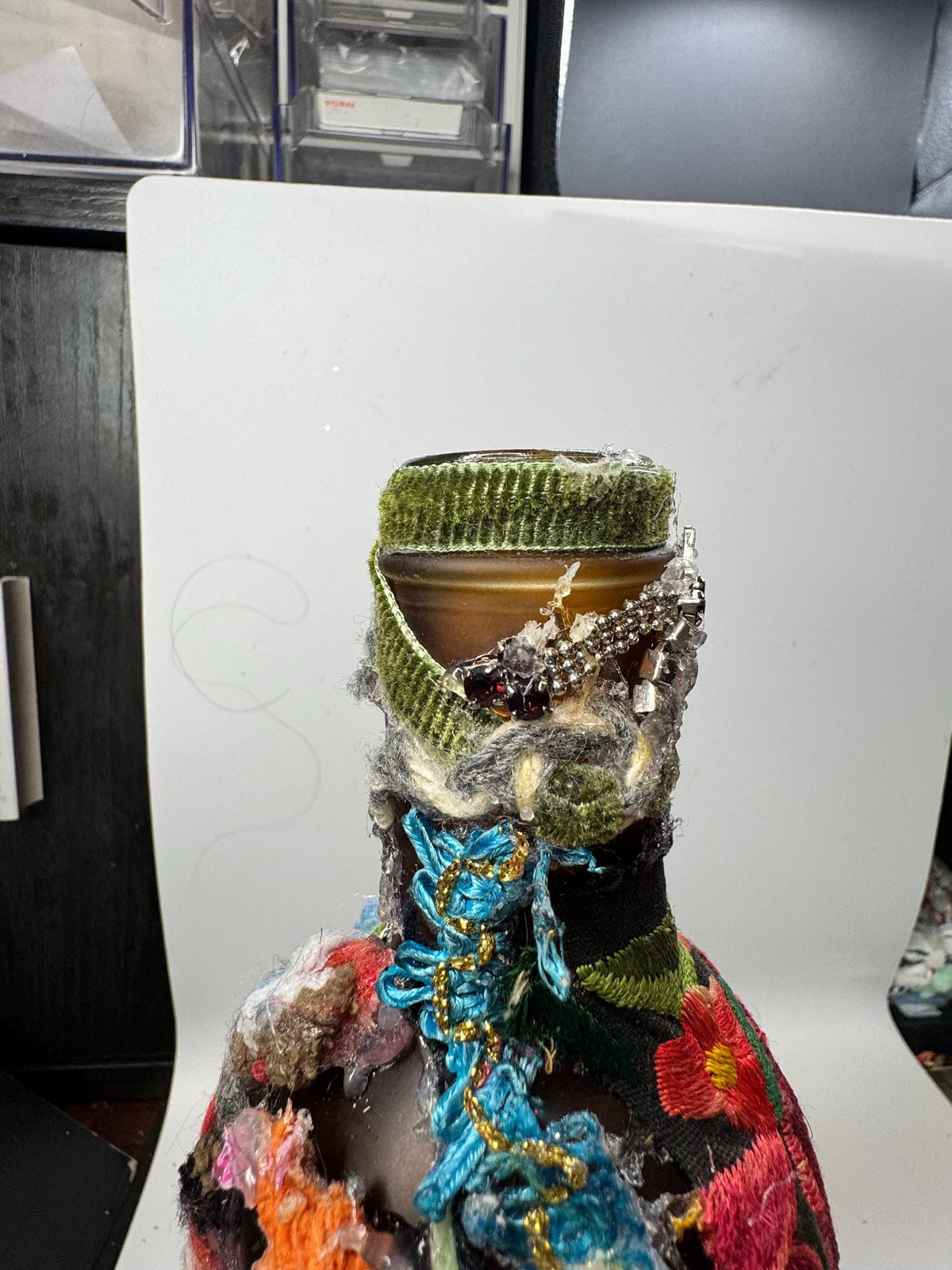 Upcycled Bottle Vase – Mixed Media Textile Assemblage Sculpture – Statement Home Decor