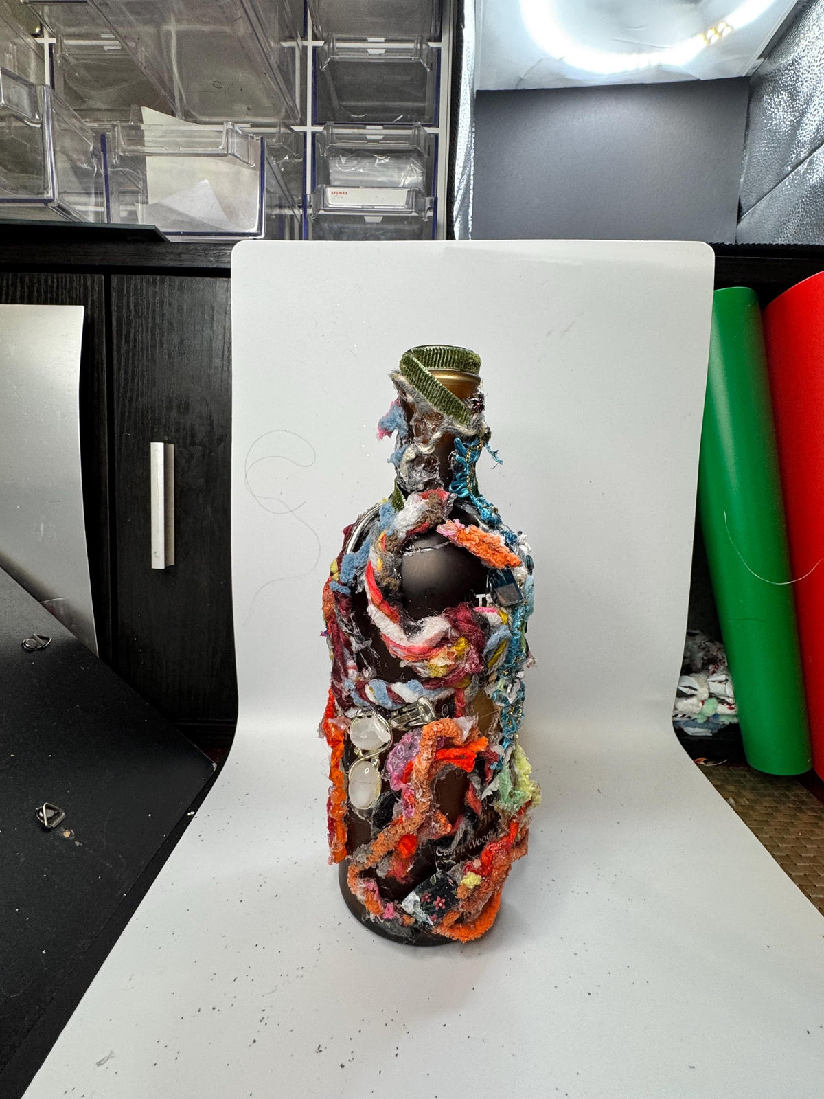 Upcycled Bottle Vase – Mixed Media Textile Assemblage Sculpture – Statement Home Decor