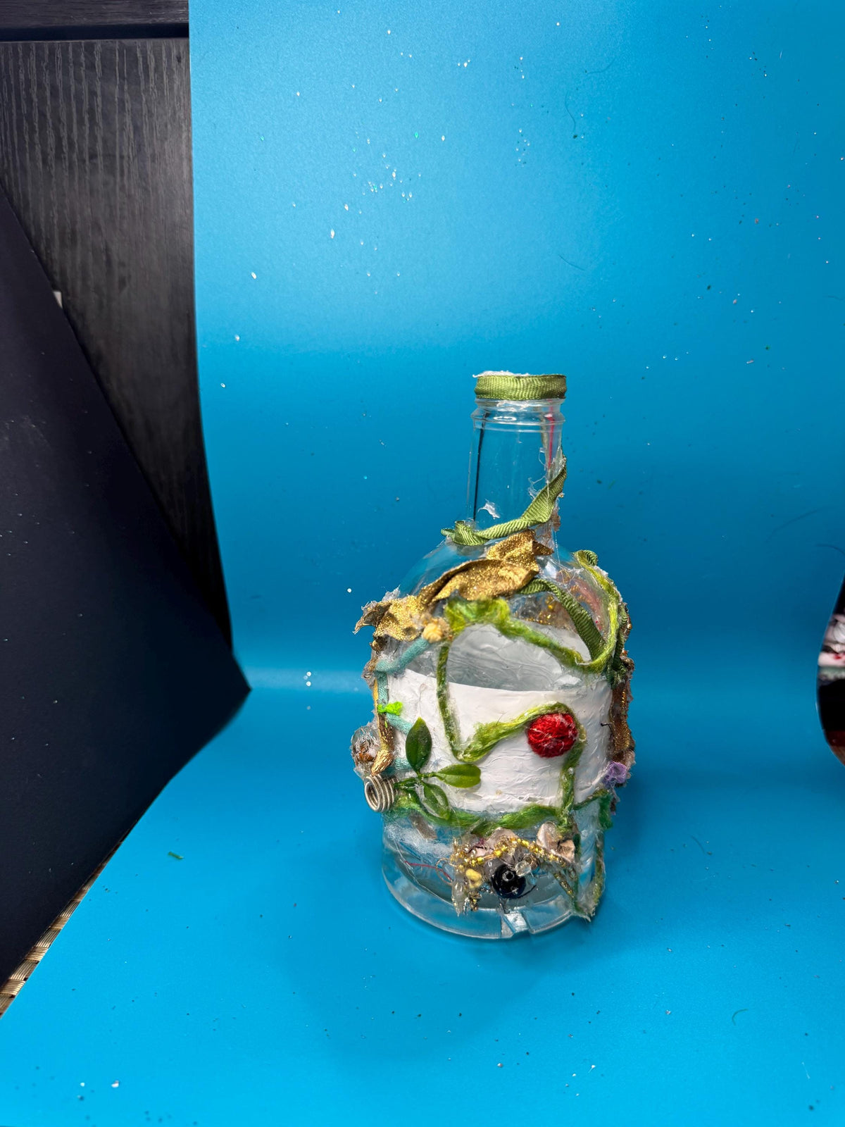 Upcycled Bottle Vase – Mixed Media Textile Assemblage Sculpture – Statement Home Decor