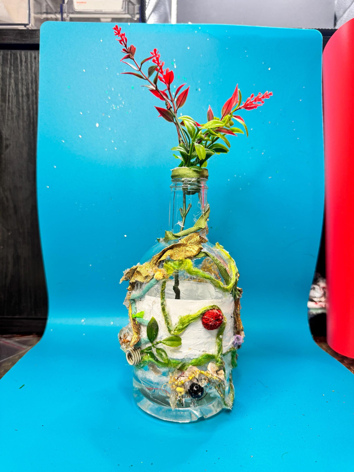 Upcycled Bottle Vase – Mixed Media Textile Assemblage Sculpture – Statement Home Decor