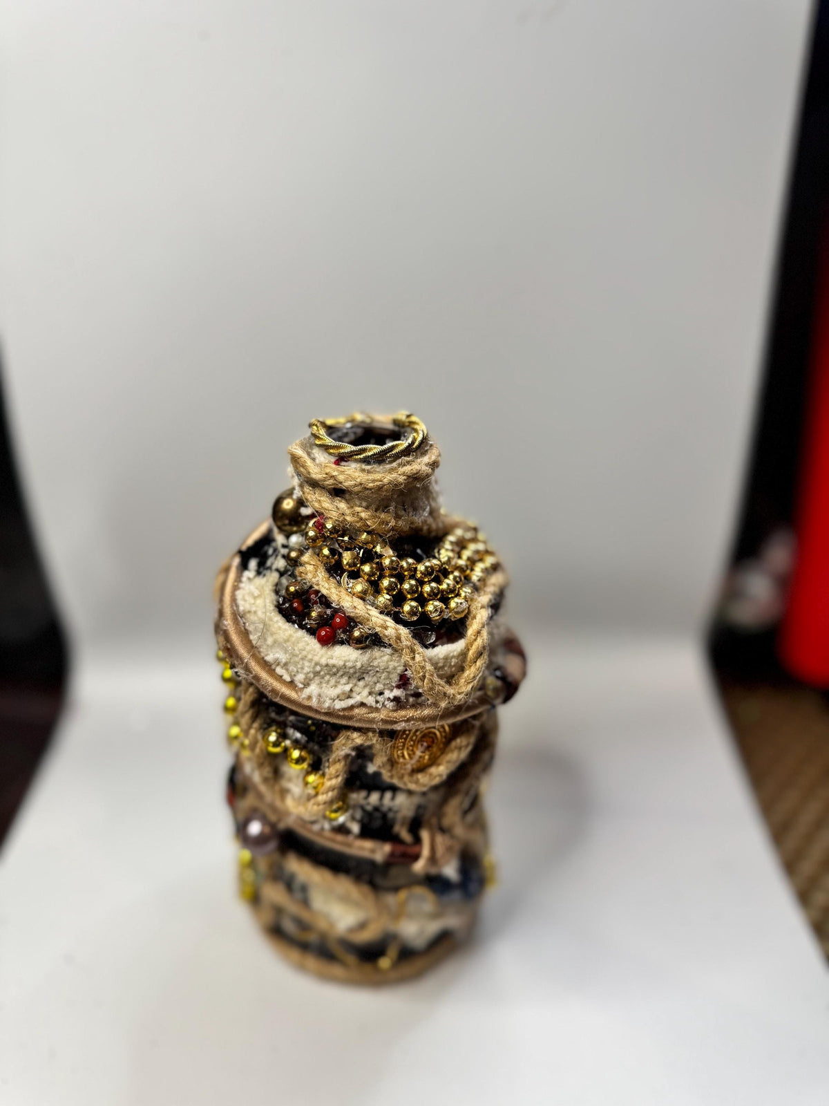Upcycled Bottle Vase – Mixed Media Textile Assemblage Sculpture – Statement Home Decor