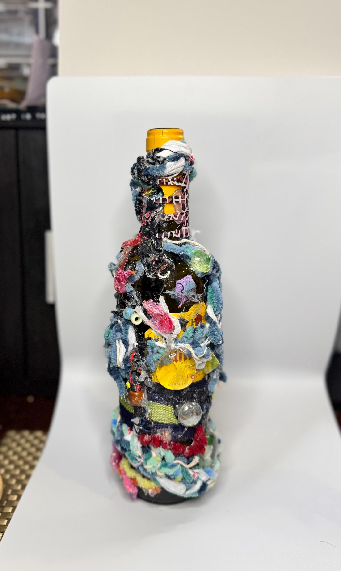 Mixed Media Bottle Vase – Recycled Materials Sculpture – Handmade Assemblage Vessel – “Trash Relic” Totem Art