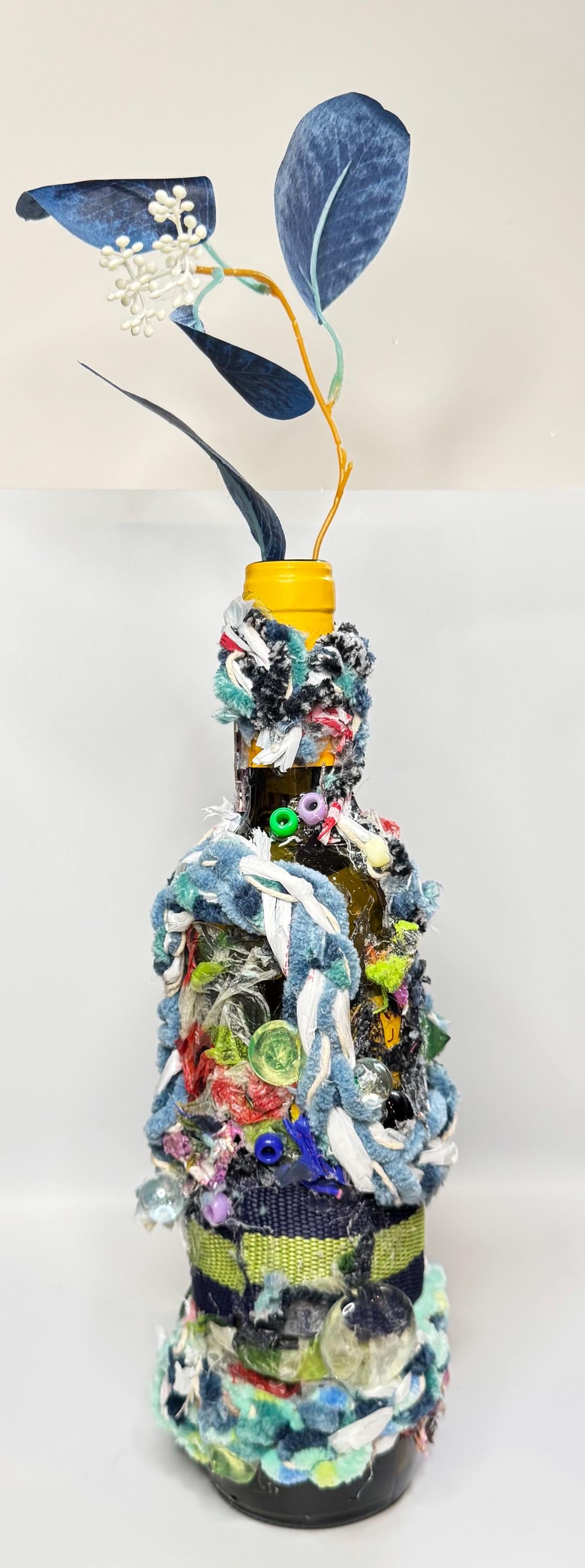 Mixed Media Bottle Vase – Recycled Materials Sculpture – Handmade Assemblage Vessel – “Trash Relic” Totem Art