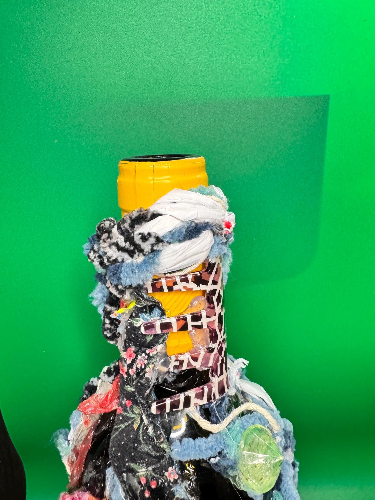 Mixed Media Bottle Vase – Recycled Materials Sculpture – Handmade Assemblage Vessel – “Trash Relic” Totem Art