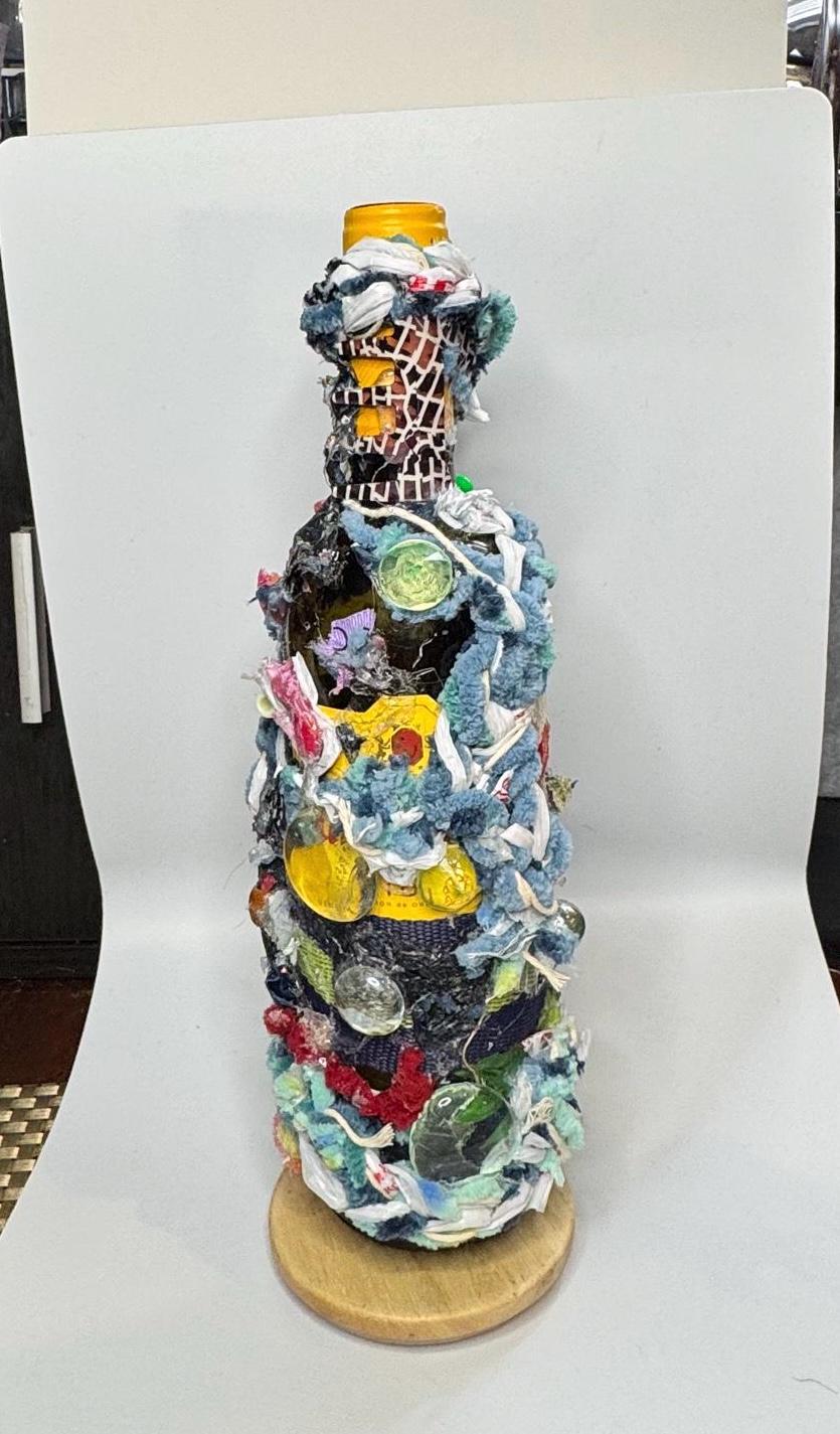 Mixed Media Bottle Vase – Recycled Materials Sculpture – Handmade Assemblage Vessel – “Trash Relic” Totem Art