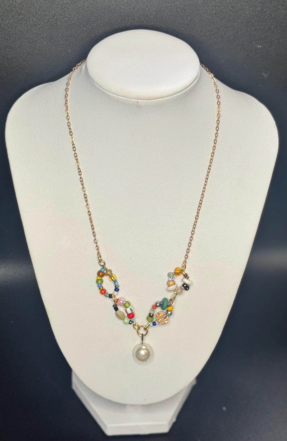 Asymmetrical Beaded Necklace with Pearl Drop – Mixed Glass Beads, Gold Chain, Wearable Collage Jewelry