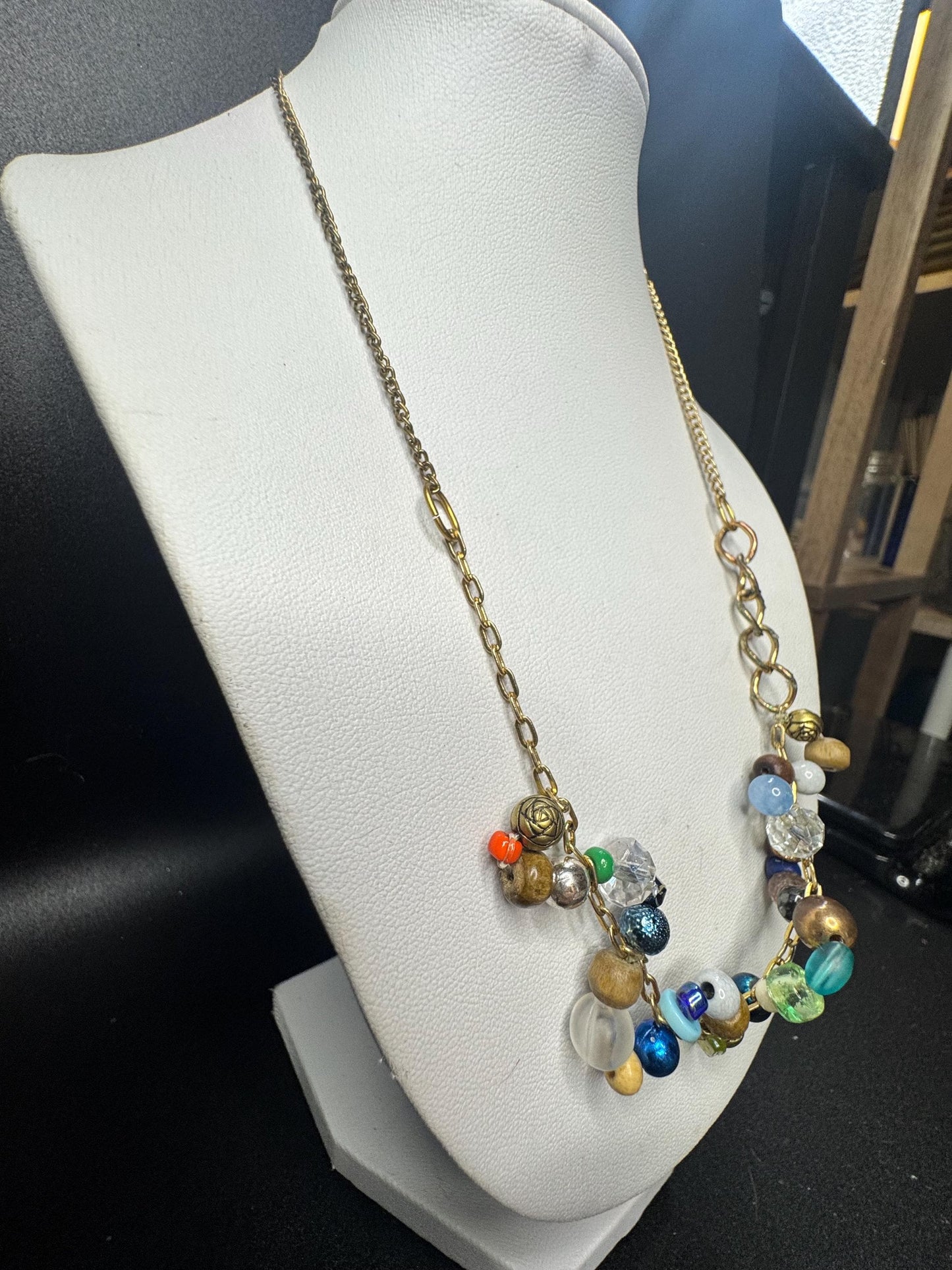Asymmetrical Beaded Chain Necklace – Mixed Earth Tone Beads on Gold Chain, Wearable Collage Jewelry