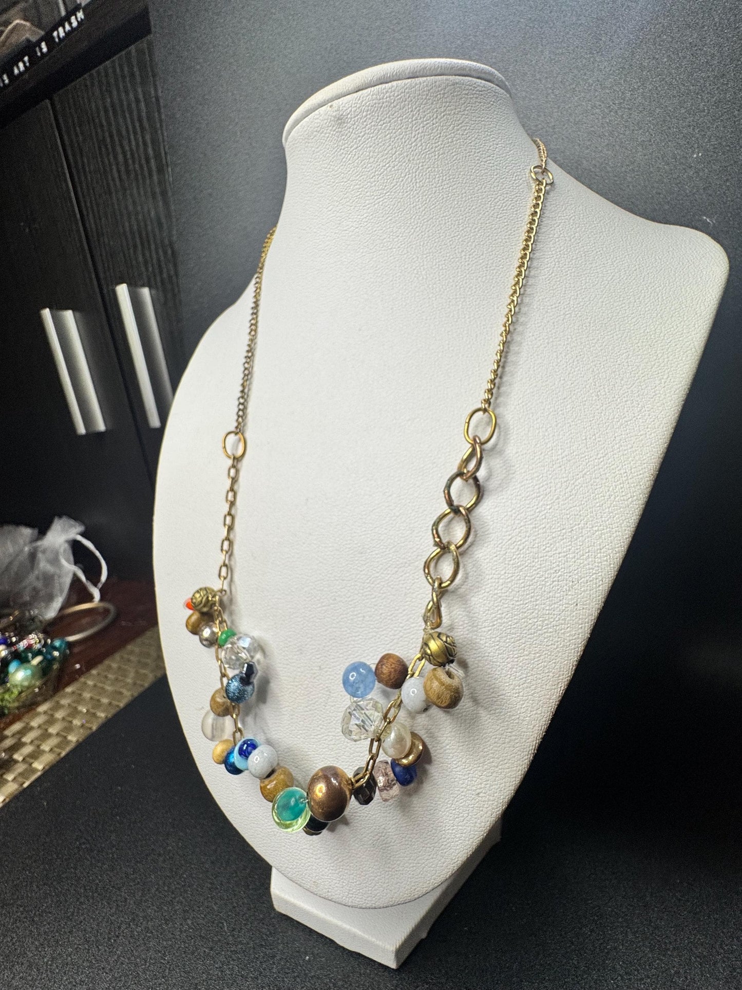 Asymmetrical Beaded Chain Necklace – Mixed Earth Tone Beads on Gold Chain, Wearable Collage Jewelry