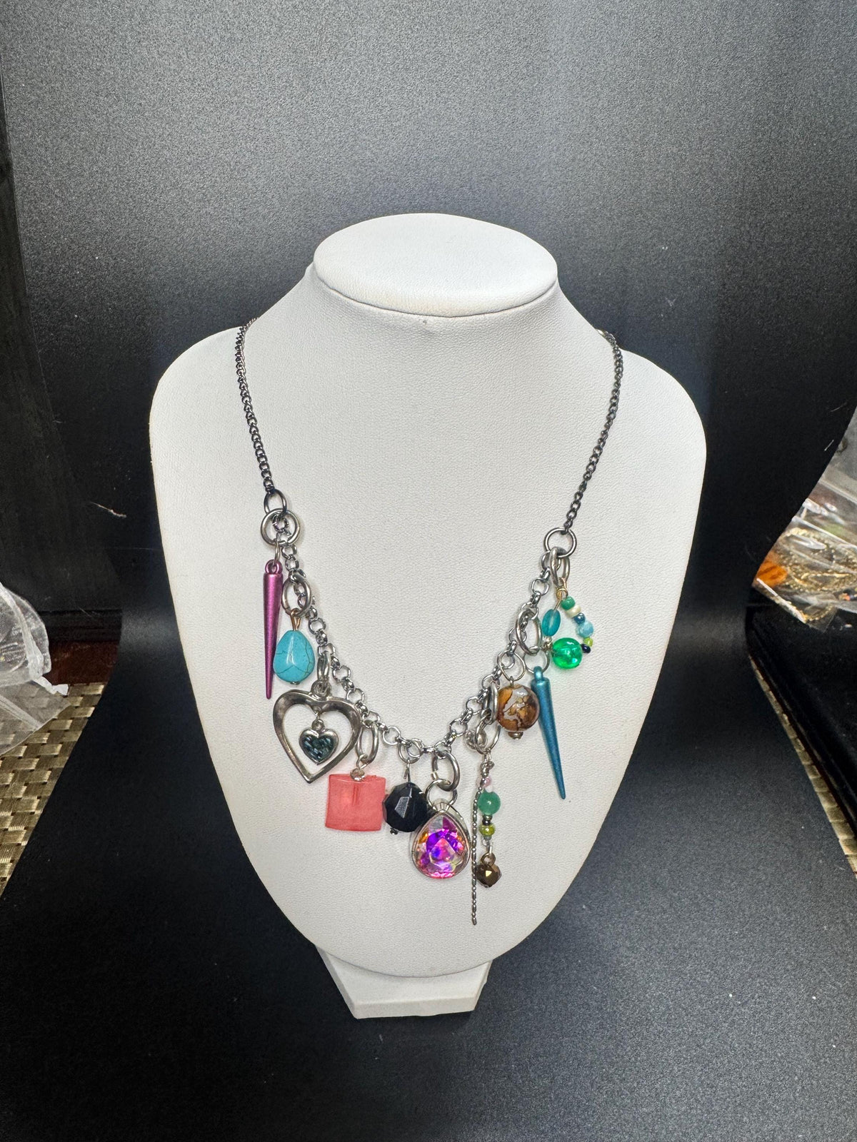Maximalist Charm Necklace – Mixed Media Statement Jewelry with Spikes, Heart Charms & Colorful Beads