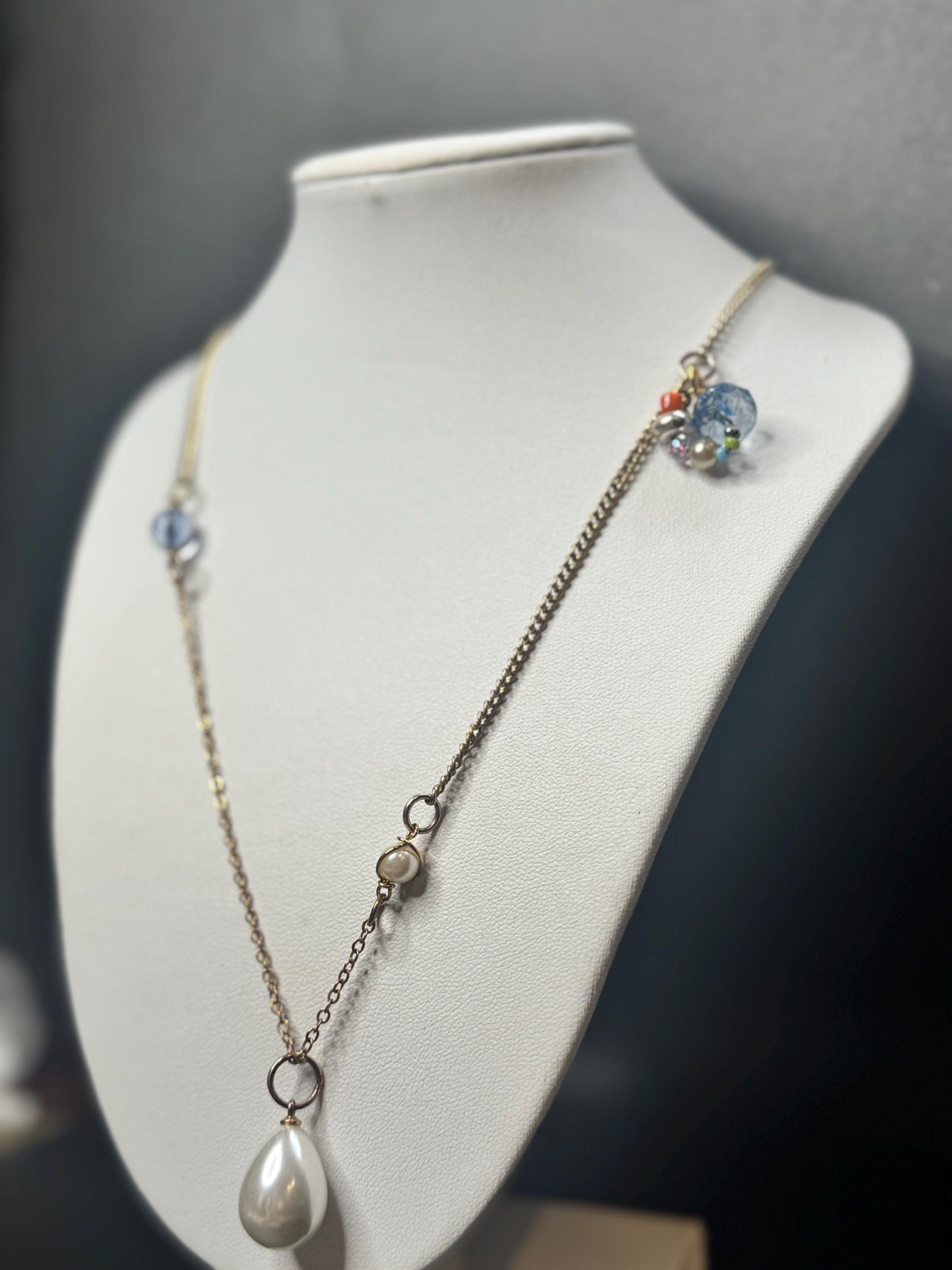 Asymmetrical Beaded Necklace with Pearl Drop – Mixed Glass Beads, Gold Chain, Wearable Collage Jewelry