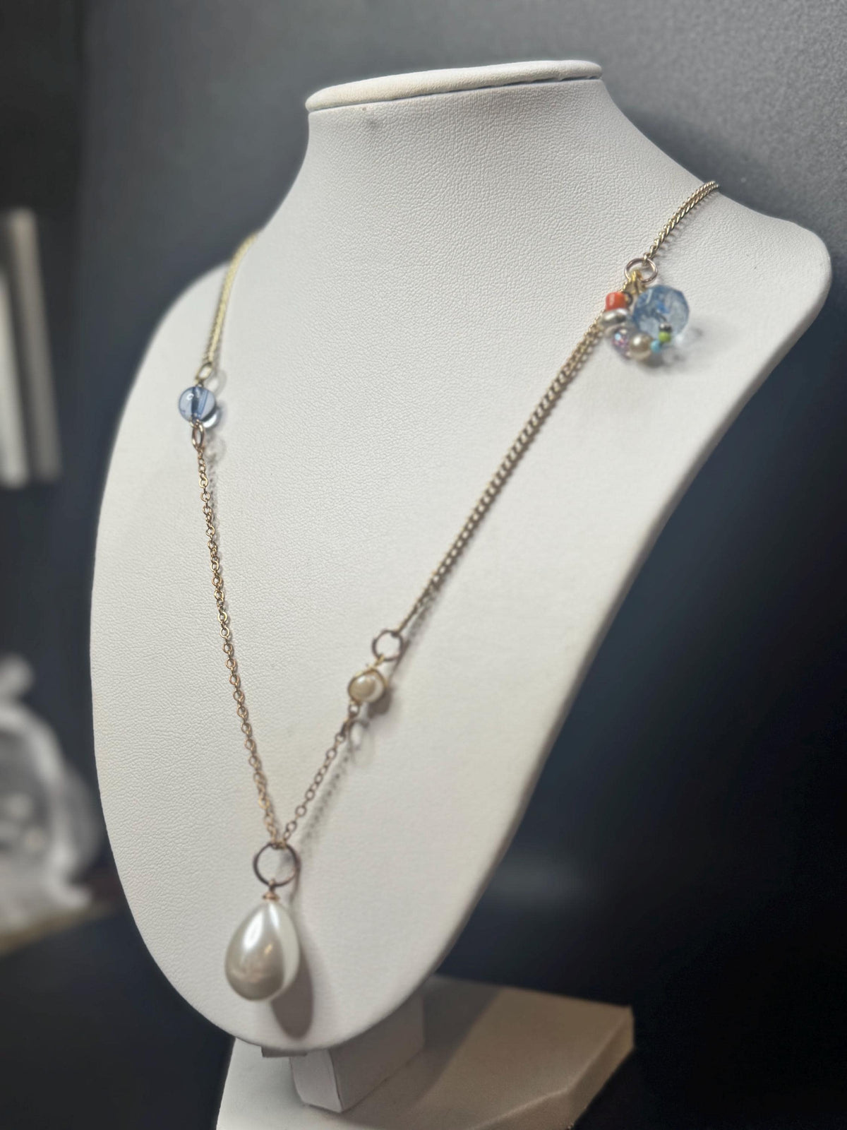 Asymmetrical Beaded Necklace with Pearl Drop – Mixed Glass Beads, Gold Chain, Wearable Collage Jewelry