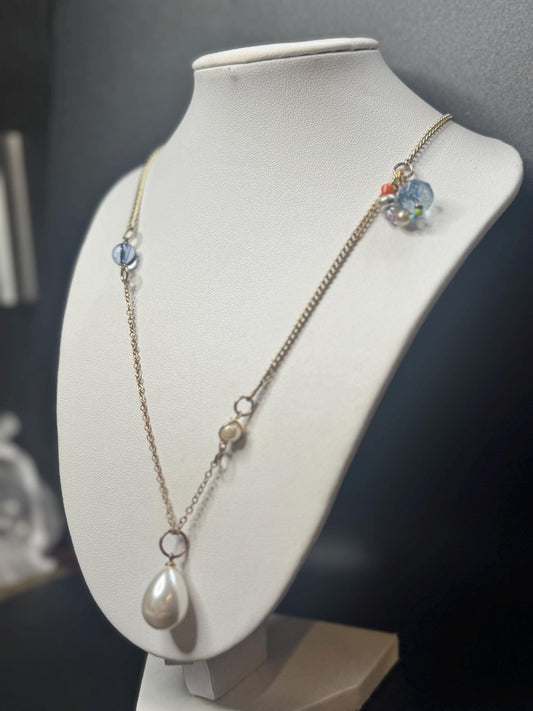 Asymmetrical Beaded Necklace with Pearl Drop – Mixed Glass Beads, Gold Chain, Wearable Collage Jewelry