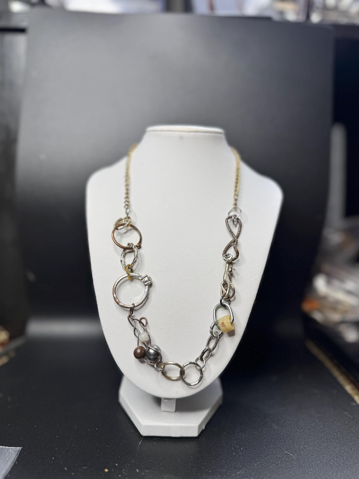 Mixed Metal Asymmetrical Necklace – Found Objects, Key, Heart Pendant Statement Jewelry