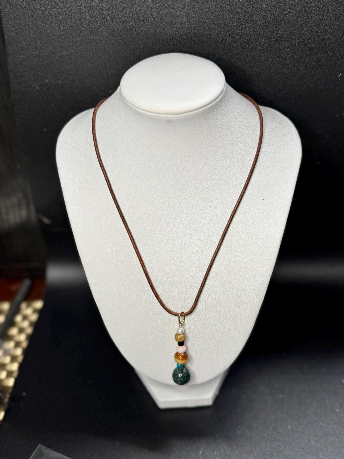 Minimal Beaded Pendant Necklace – Earth Tone Stack Pendant on Brown Cord, Handmade Talisman Jewelry