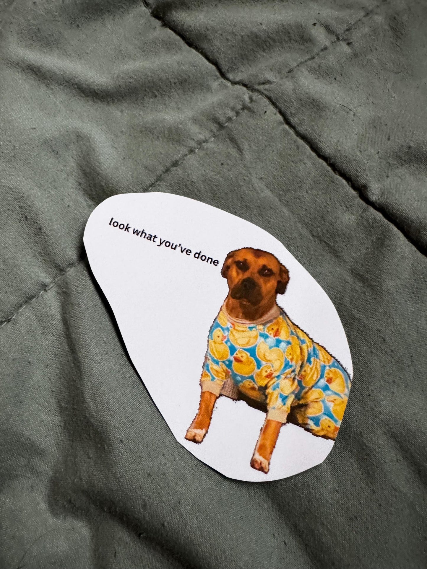 Dog Meme Sticker | Ominous Wee Woo, Rubber Ducky Pajamas (2-3in)