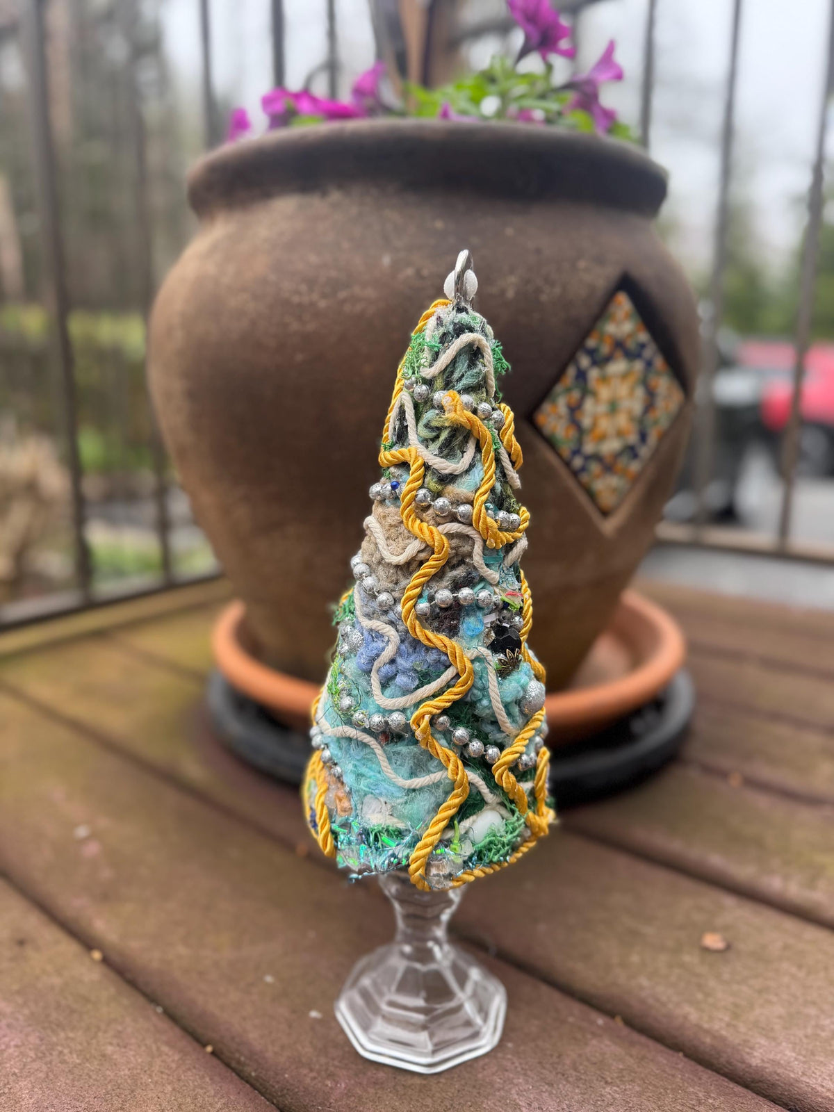 Mixed Media Fiber Tree Sculpture – Textile Beaded Found Object Art – One of a Kind Decor
