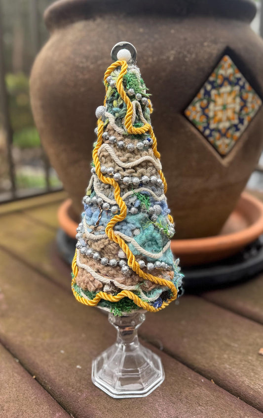 Mixed Media Fiber Tree Sculpture – Textile Beaded Found Object Art – One of a Kind Decor