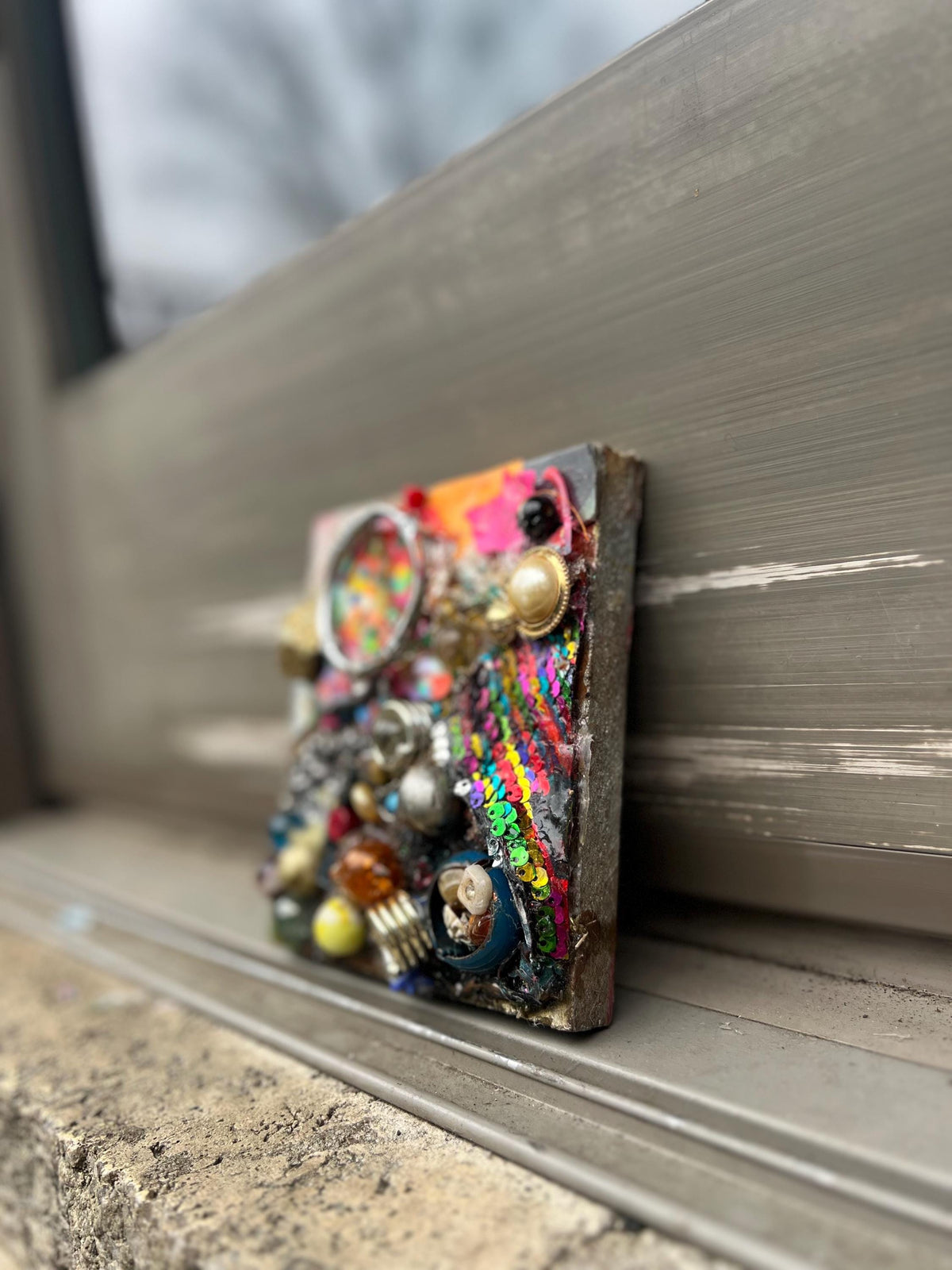Glitter Ruins Assemblage – Found Object Mixed Media Sculpture on Wood Panel