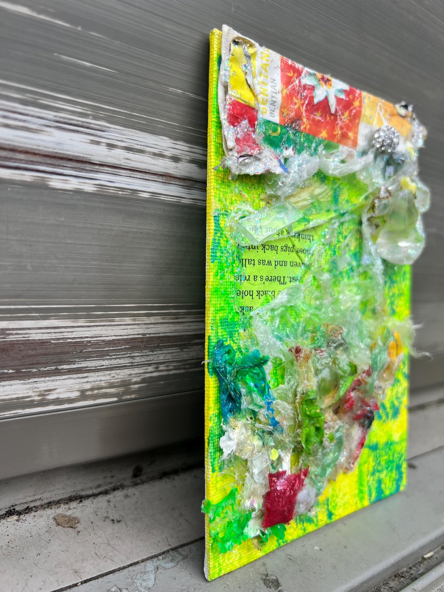Reclaimed Plastic Collage on Canvas – Neon Green Mixed Media Artwork – Found Object Assemblage