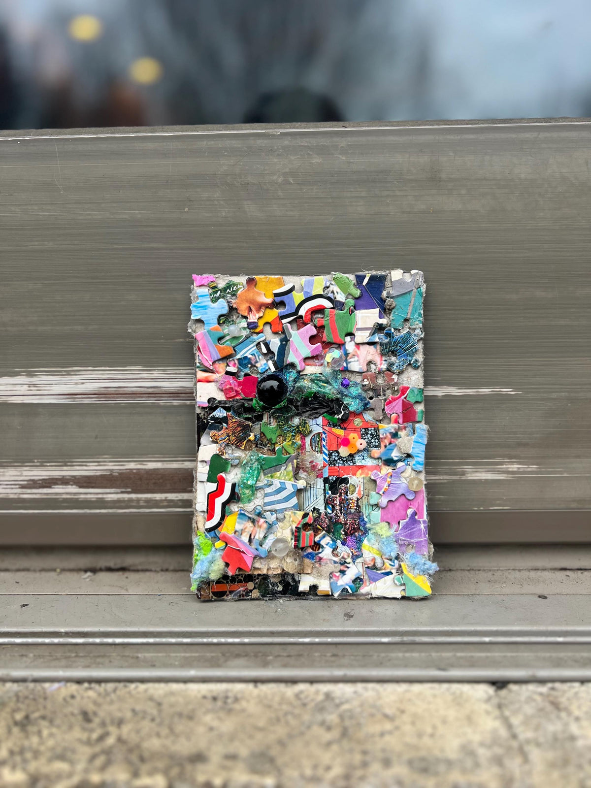 Reclaimed Puzzle Collage – Mixed Media Assemblage on Canvas – Found Object Artwork – Colorful Scrap Mosaic