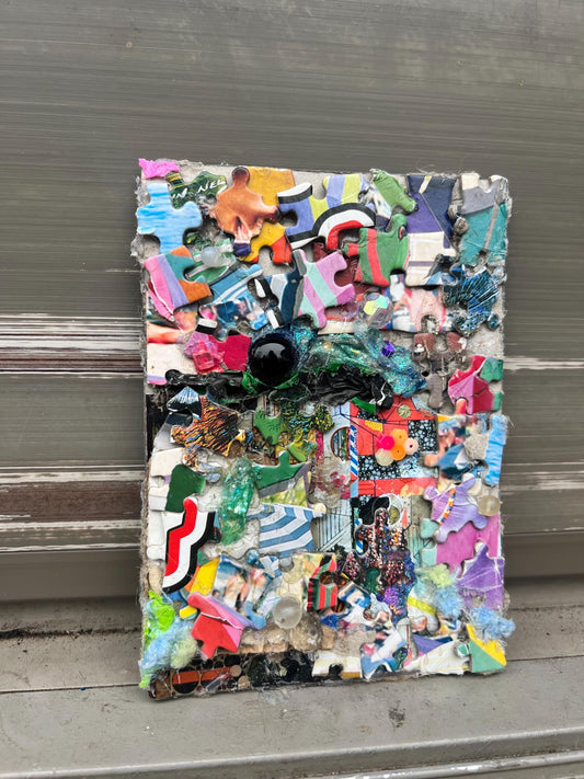 Reclaimed Puzzle Collage – Mixed Media Assemblage on Canvas – Found Object Artwork – Colorful Scrap Mosaic