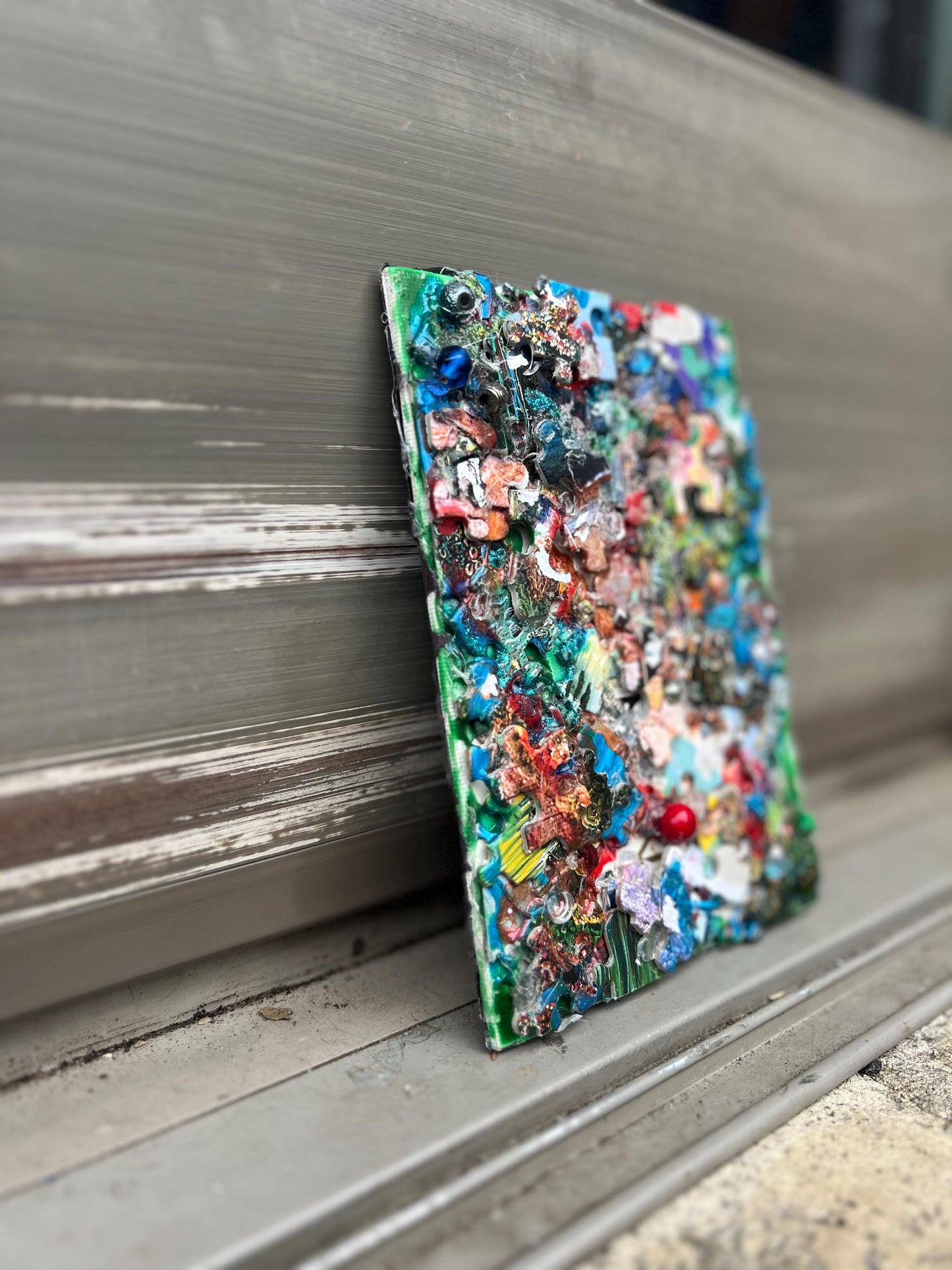 Reclaimed Puzzle Collage – Mixed Media Assemblage on Canvas – Found Object Artwork – Colorful Scrap Mosaic