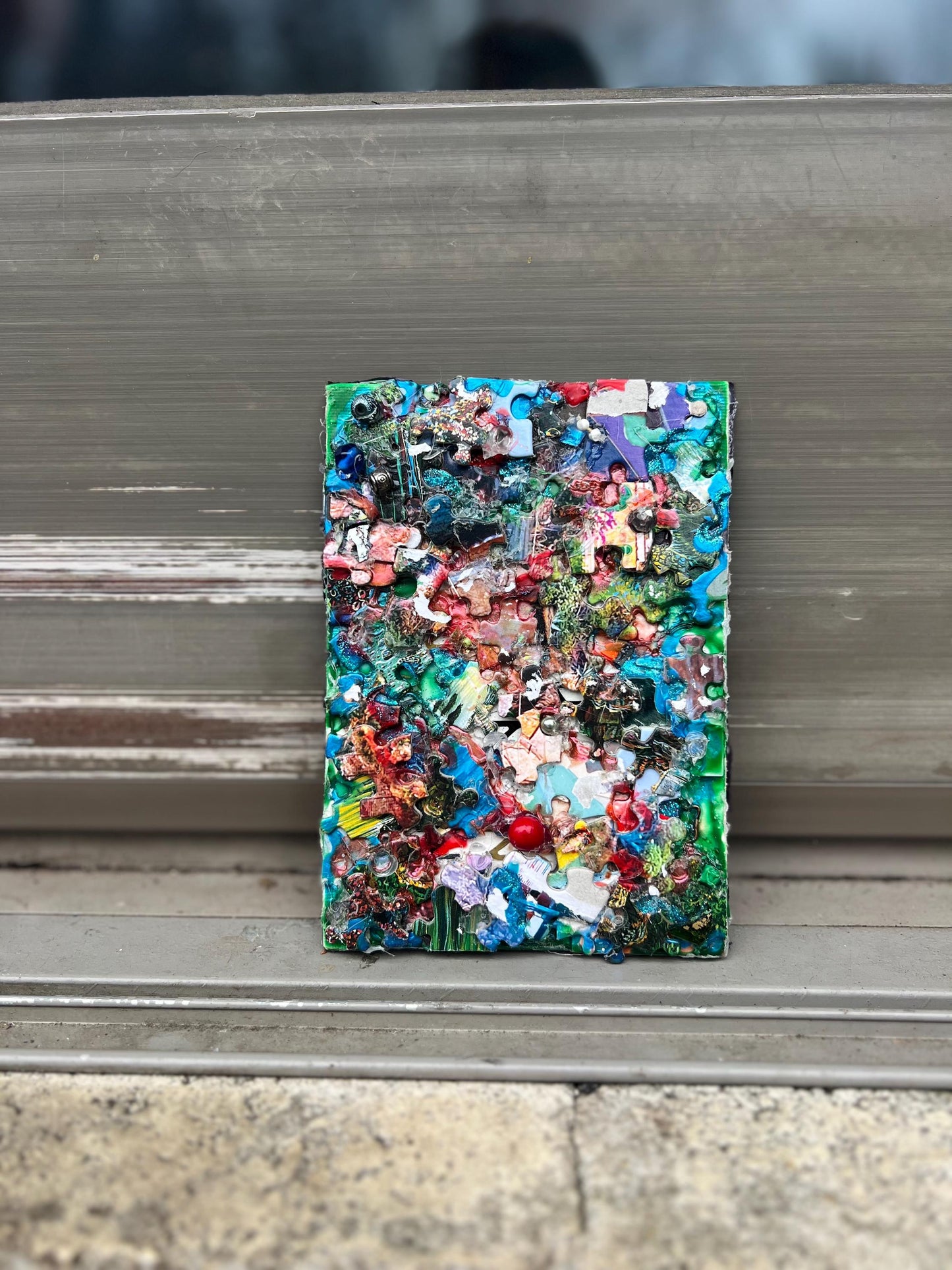 Reclaimed Puzzle Collage – Mixed Media Assemblage on Canvas – Found Object Artwork – Colorful Scrap Mosaic