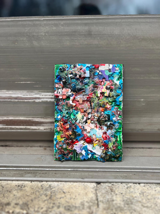 Reclaimed Puzzle Collage – Mixed Media Assemblage on Canvas – Found Object Artwork – Colorful Scrap Mosaic