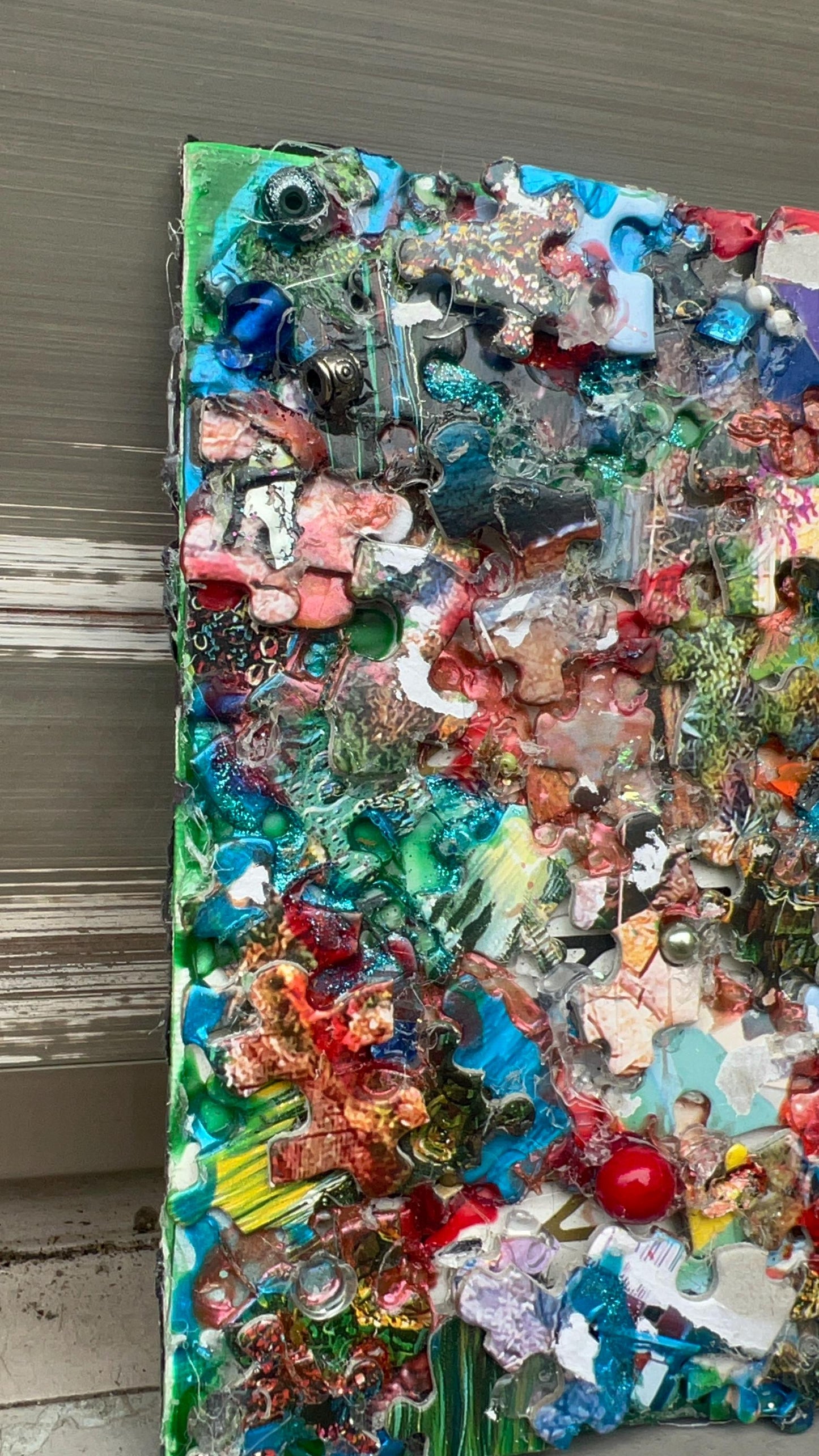 Reclaimed Puzzle Collage – Mixed Media Assemblage on Canvas – Found Object Artwork – Colorful Scrap Mosaic