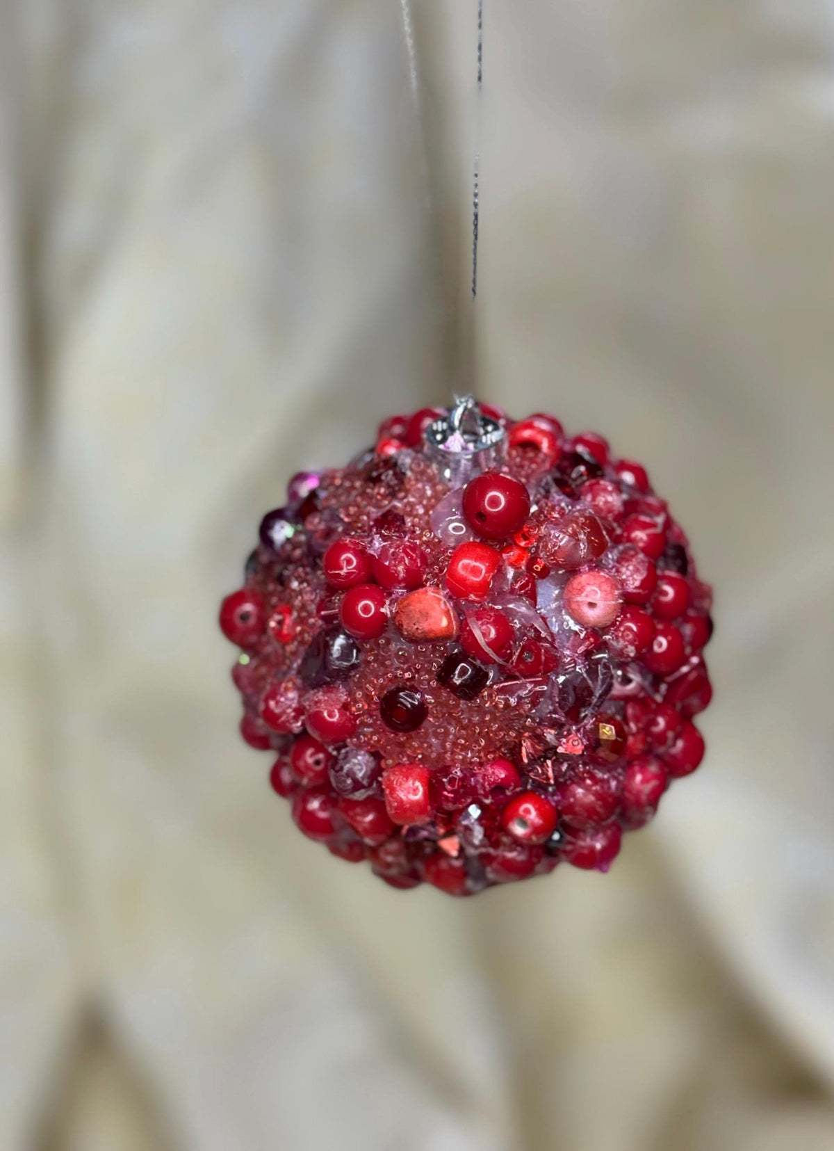 Red Beaded Ornament – Handmade Maximalist Holiday Decor – Glitter Resin Bauble – Unique Christmas Ornament